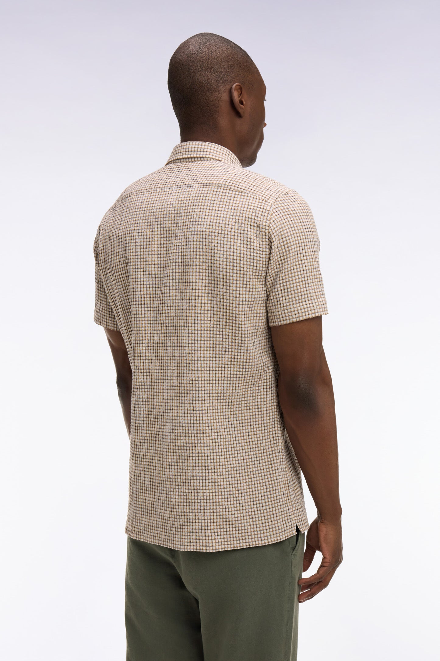 Beige Plaid Seersucker Cotton Short Sleeve Slim Fit Shirt