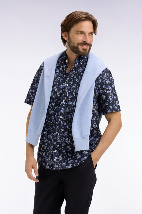 Chemise à manches courtes en coton Pima marine à motif floral - Image 1