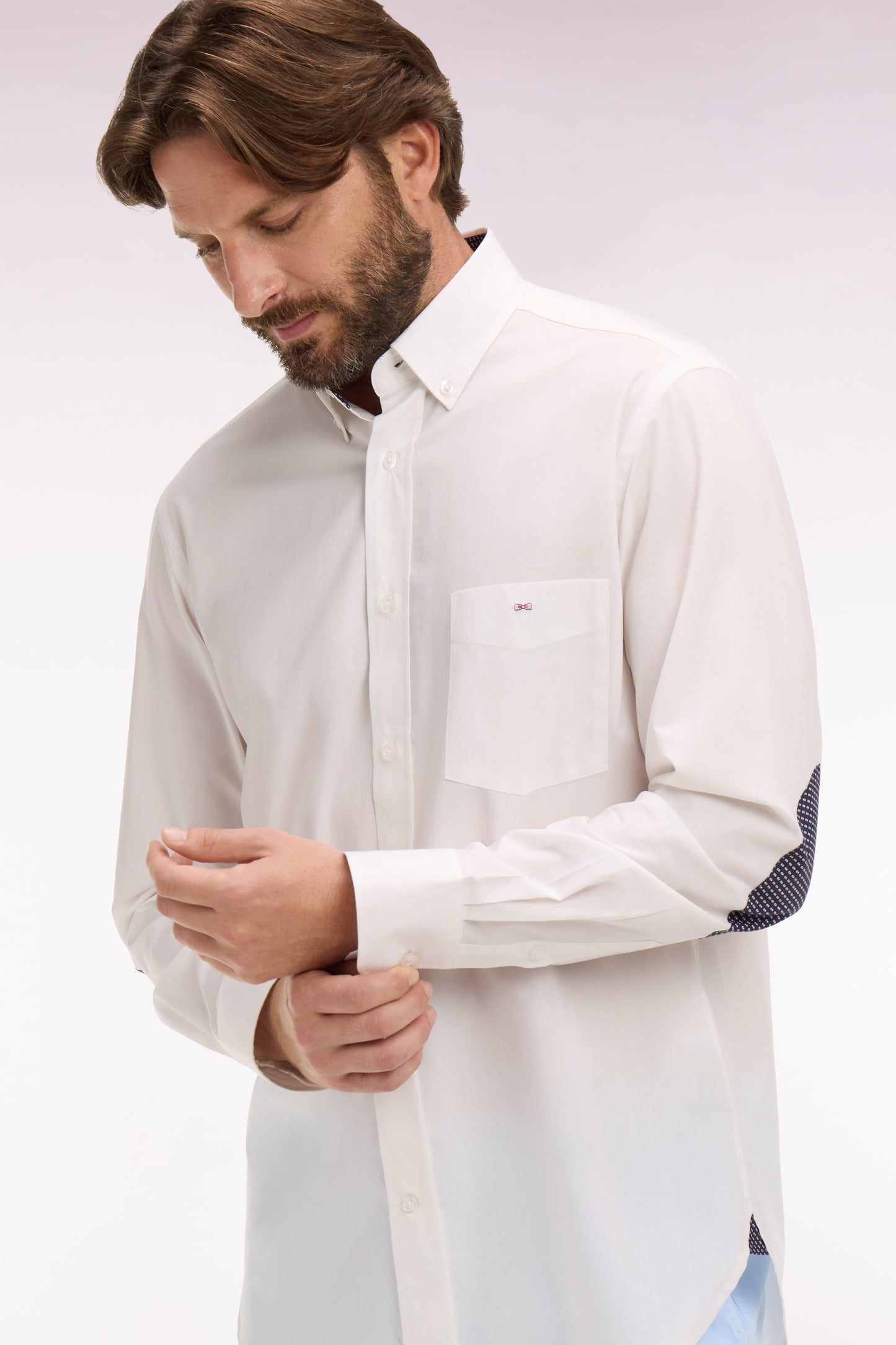 White cotton shirt with printed elbow patches