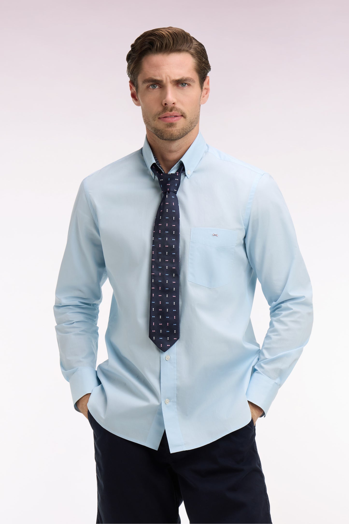 Sky blue cotton shirt with printed elbow patches