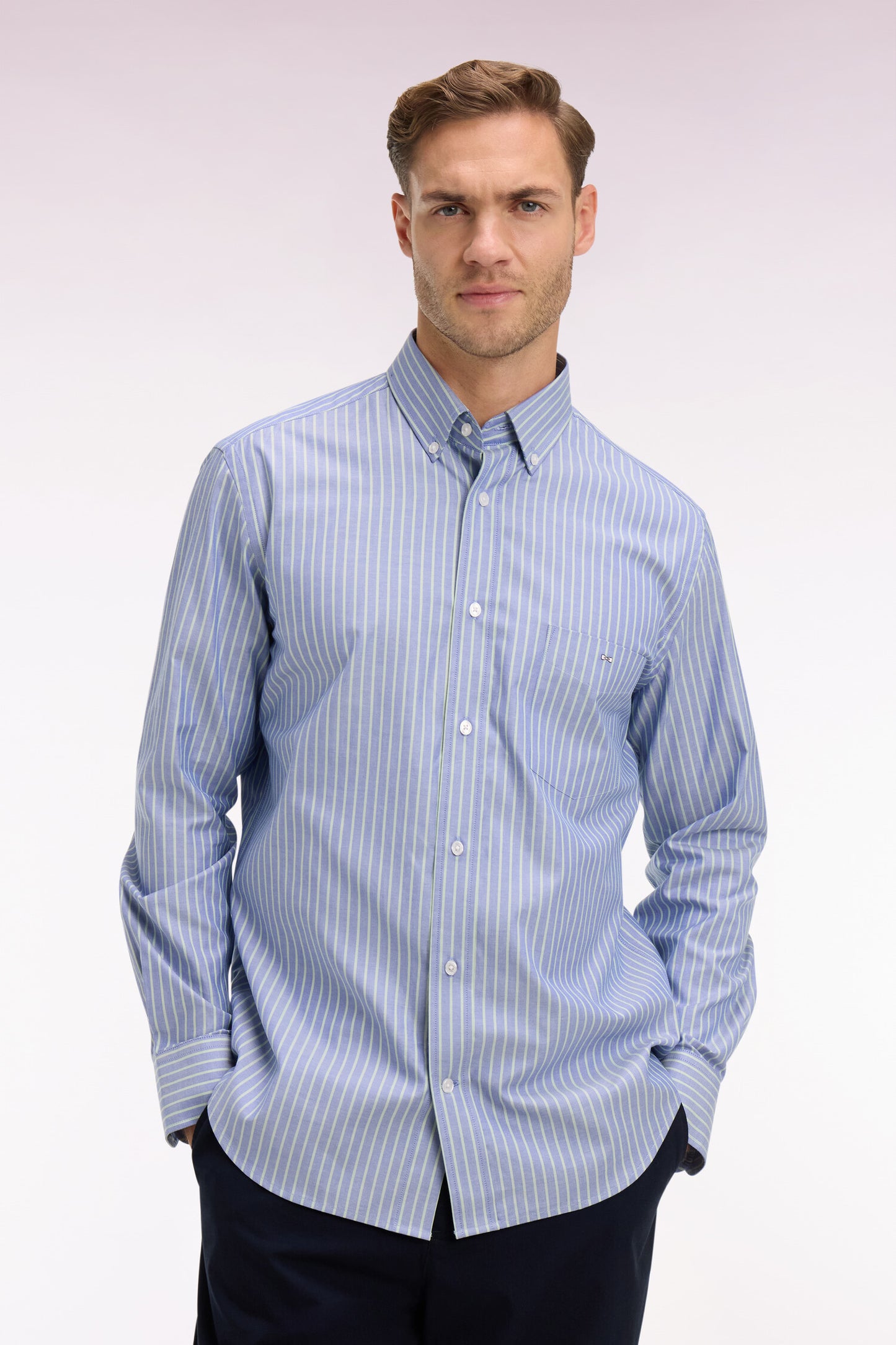Regular fit sea green striped pinpoint cotton shirt
