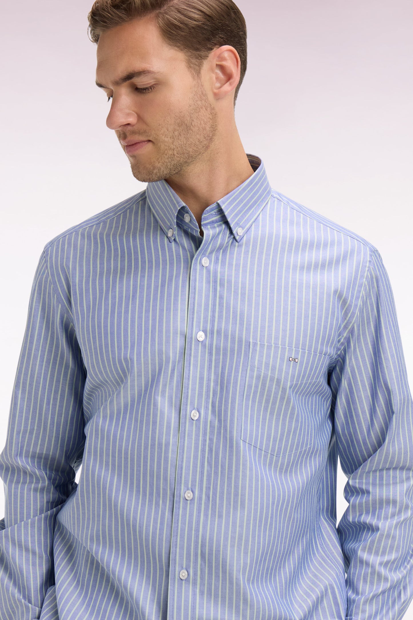 Regular fit sea green striped pinpoint cotton shirt