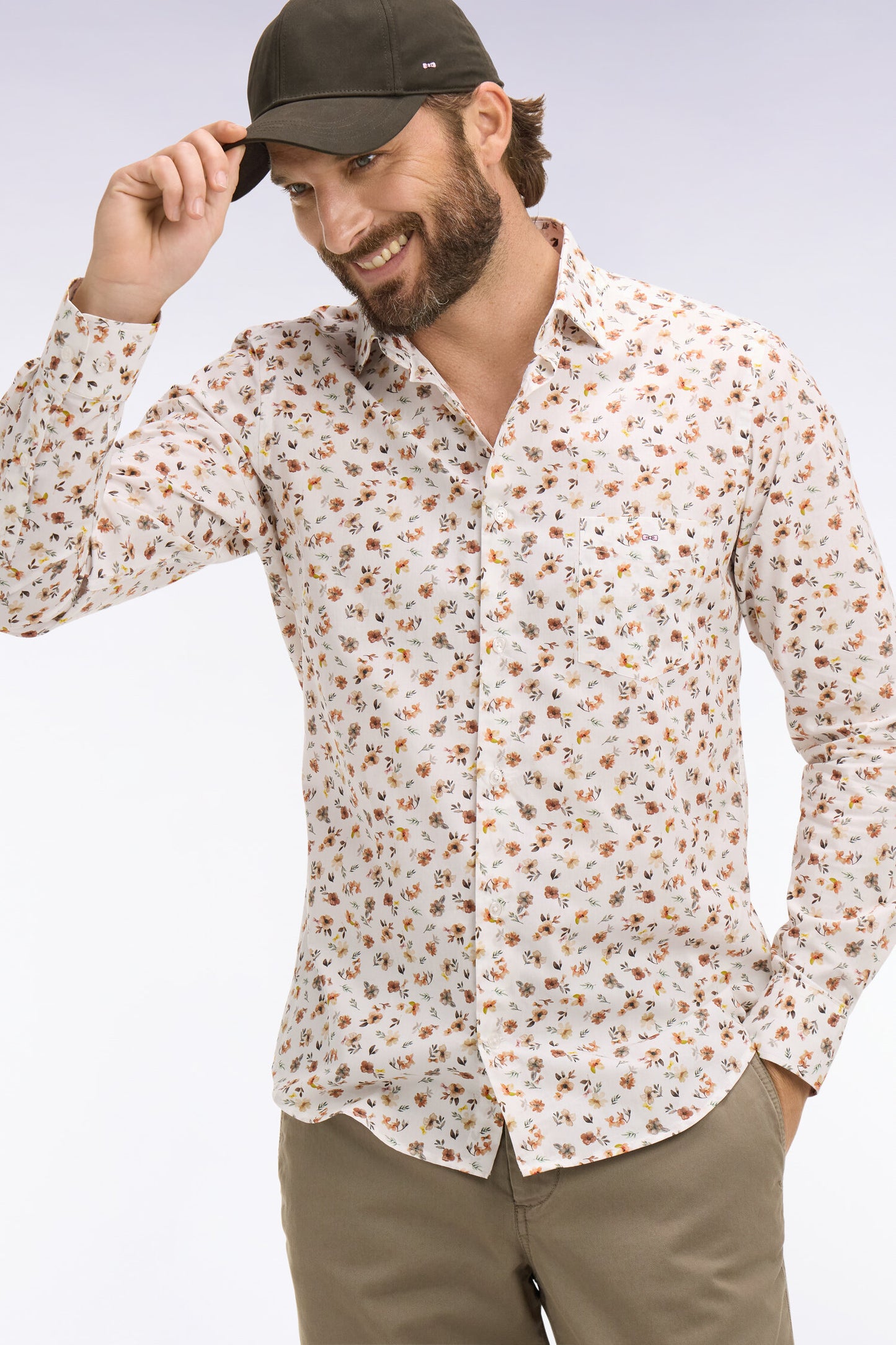 Slim fit orange floral print cotton poplin shirt