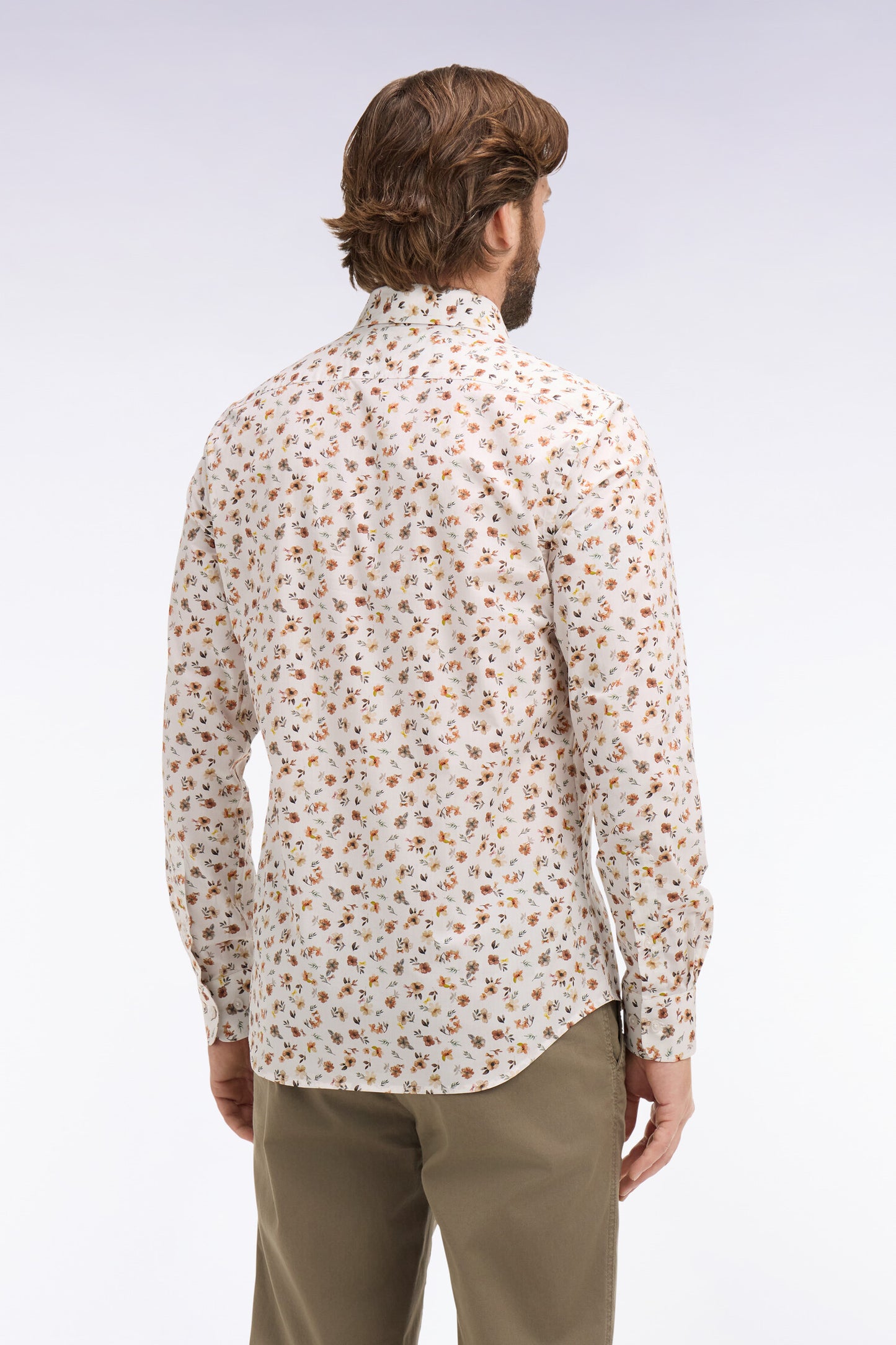 Slim fit orange floral print cotton poplin shirt