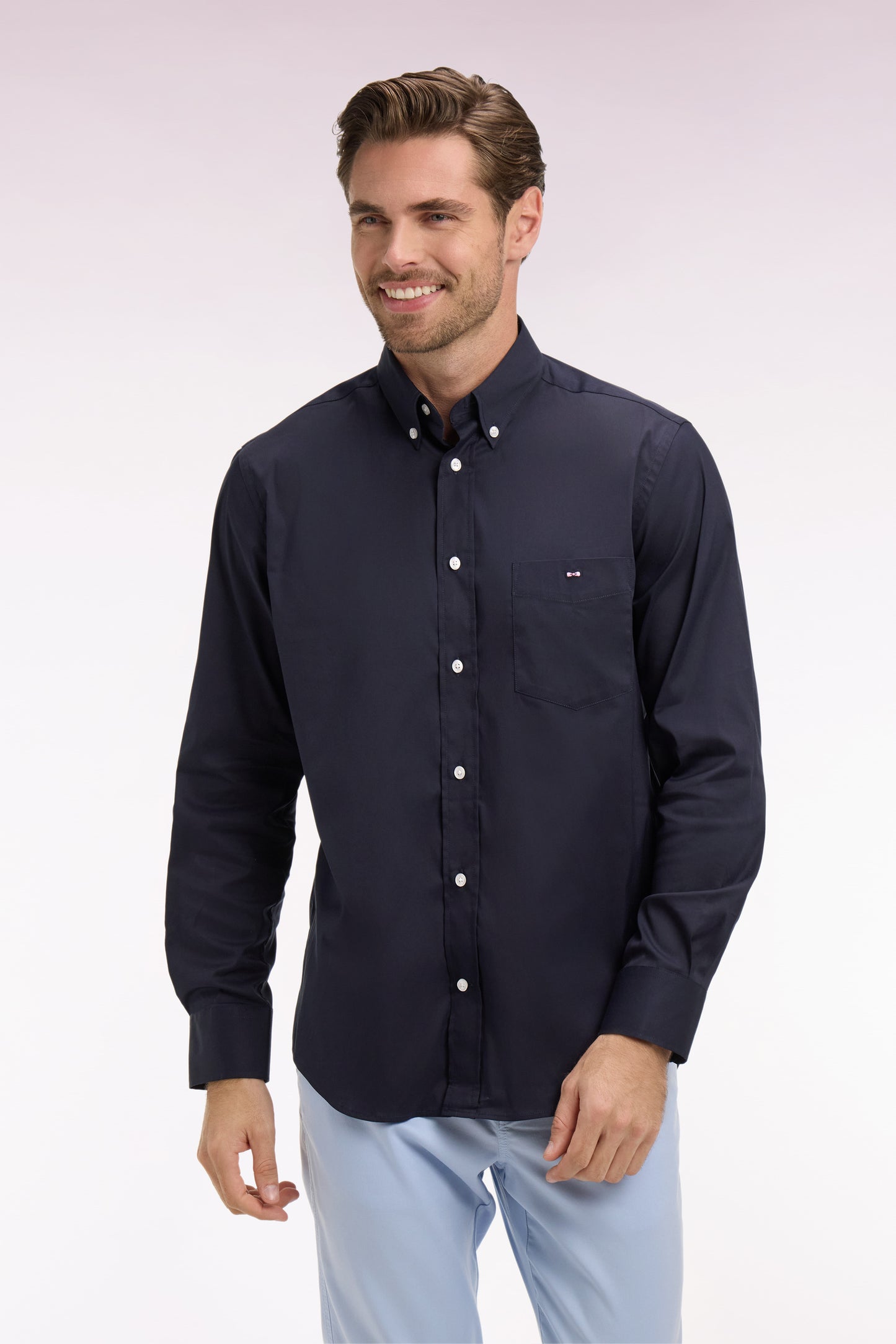 Regular fit navy cotton blend shirt