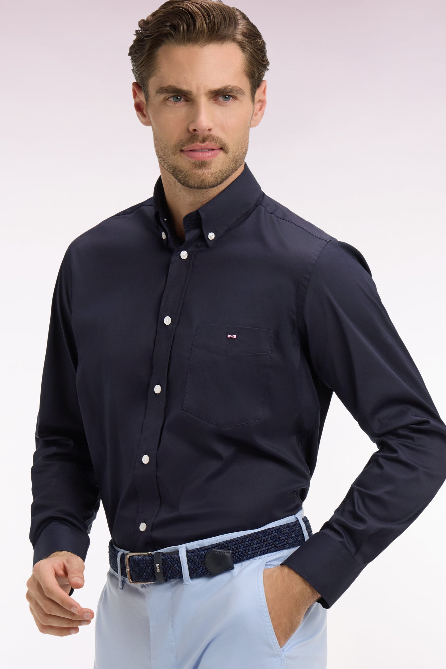 Regular fit navy cotton blend shirt
