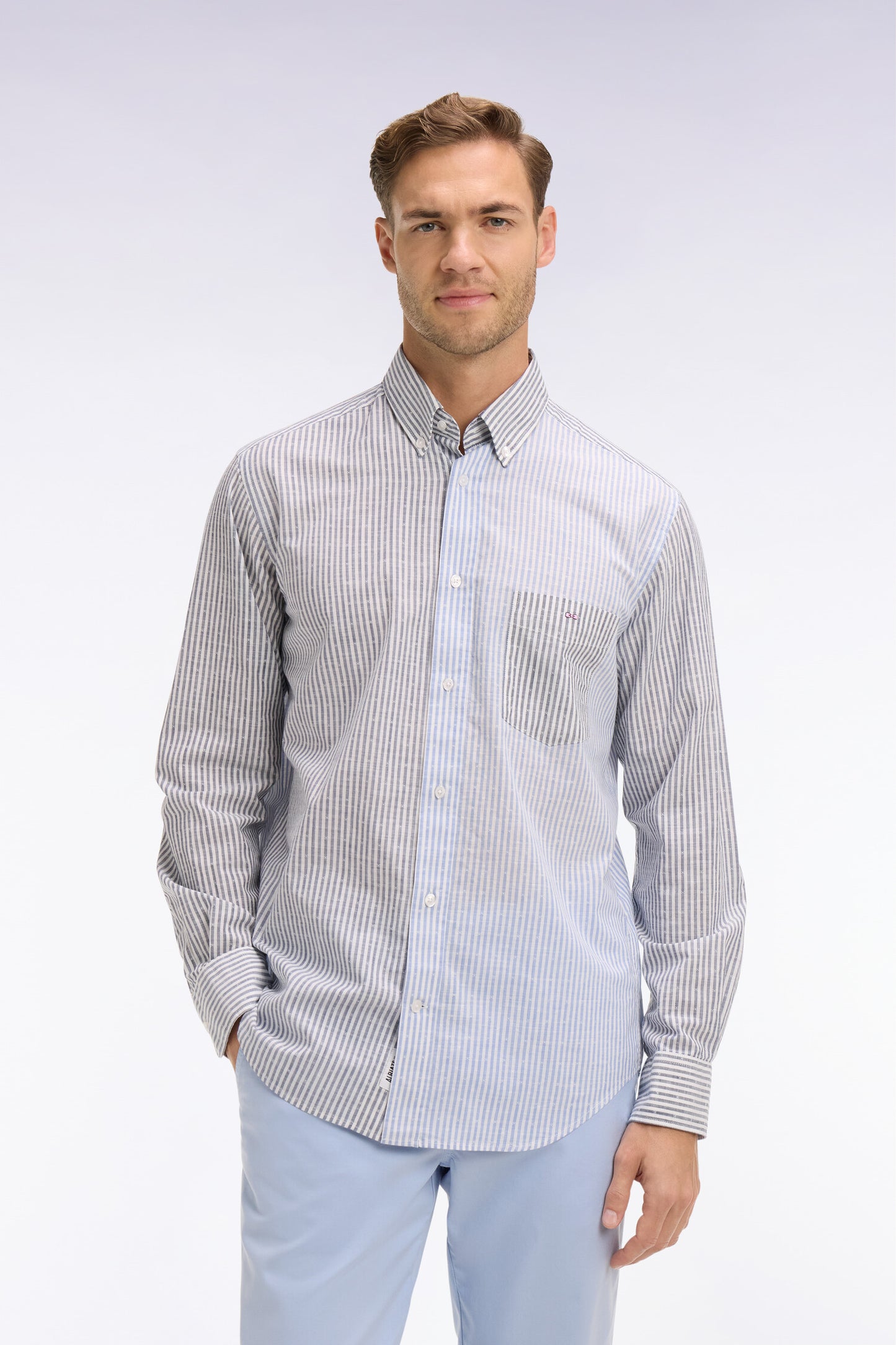 Chemise en coton jacquard Dobby à rayures bâtons bleues