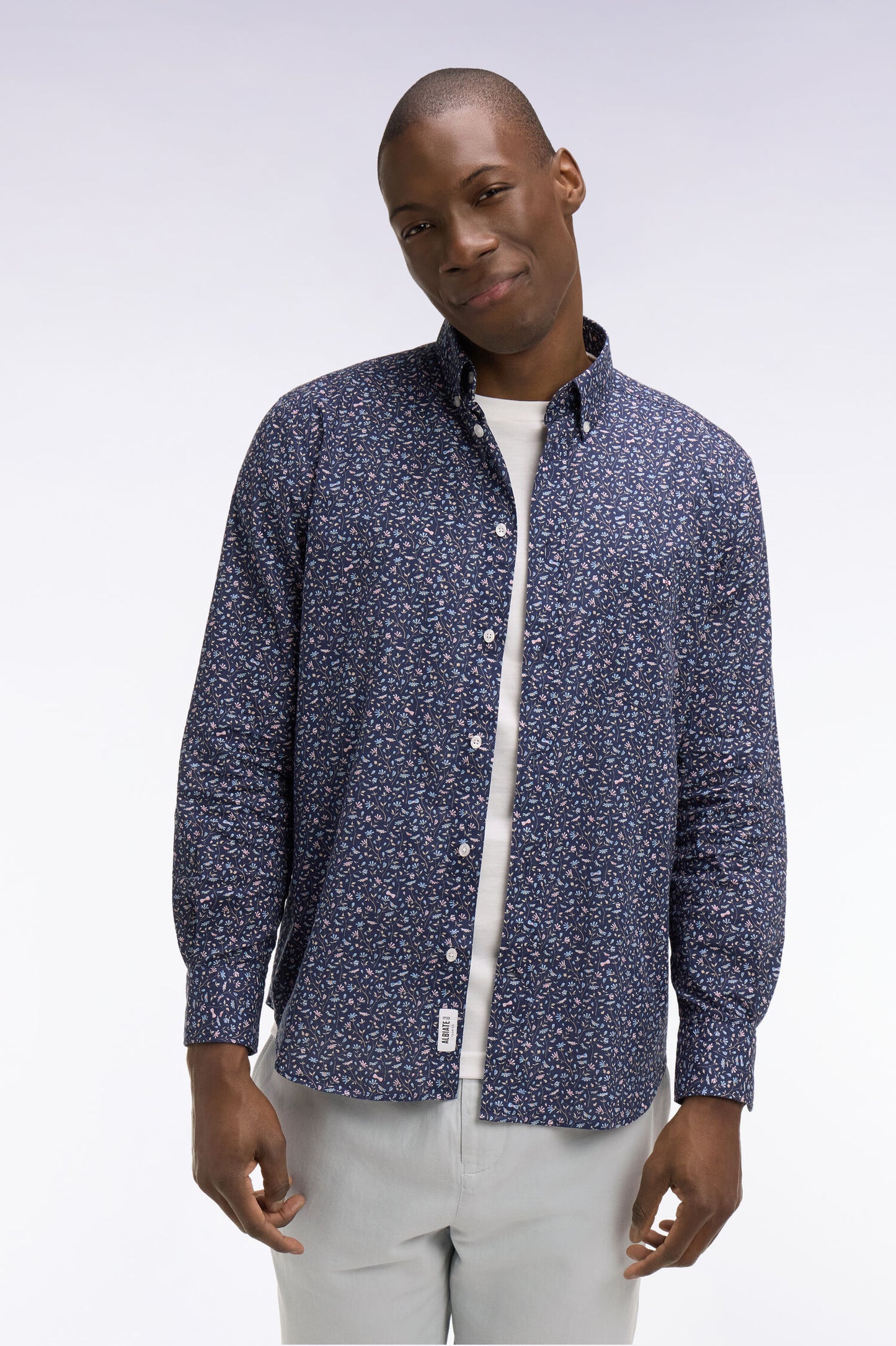 Regular fit navy cotton poplin shirt with floral microprint