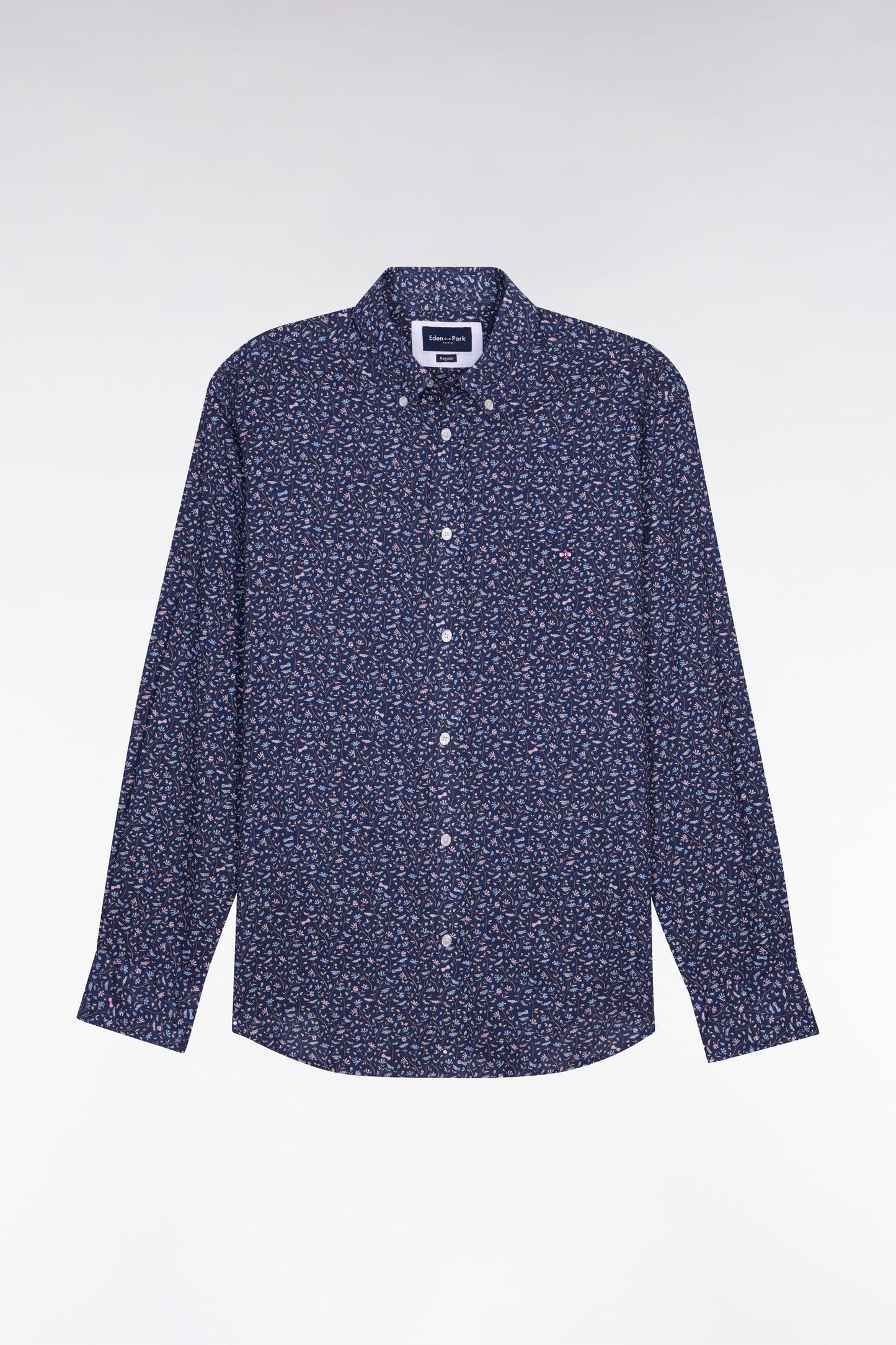 Regular fit navy cotton poplin shirt with floral microprint