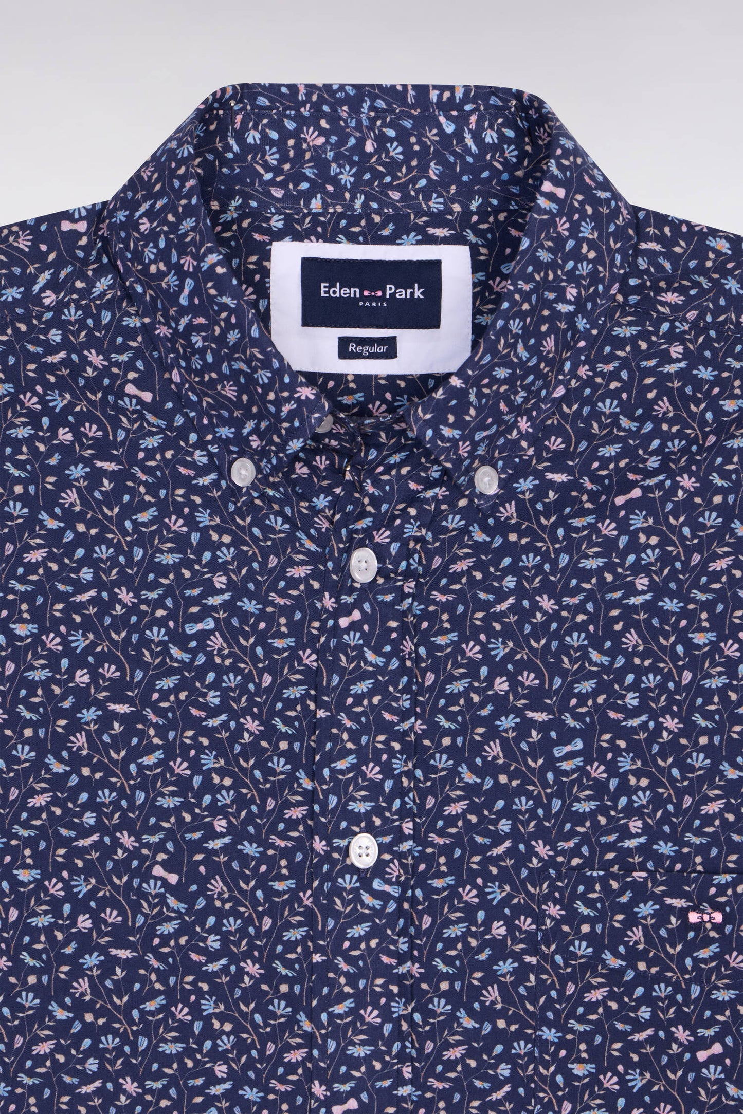 Regular fit navy cotton poplin shirt with floral microprint
