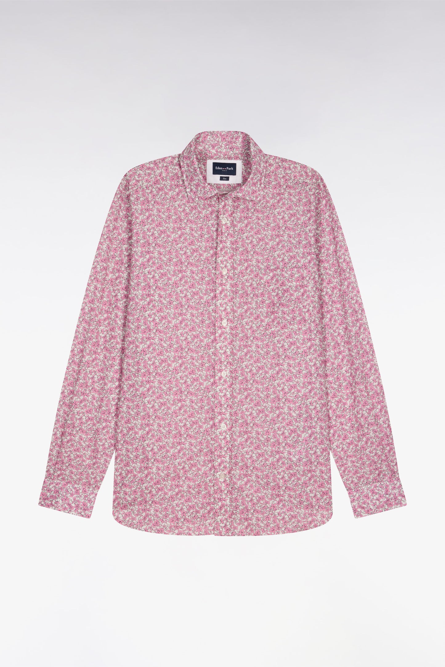 Slim-fit pink cotton poplin shirt with floral micro-patterns