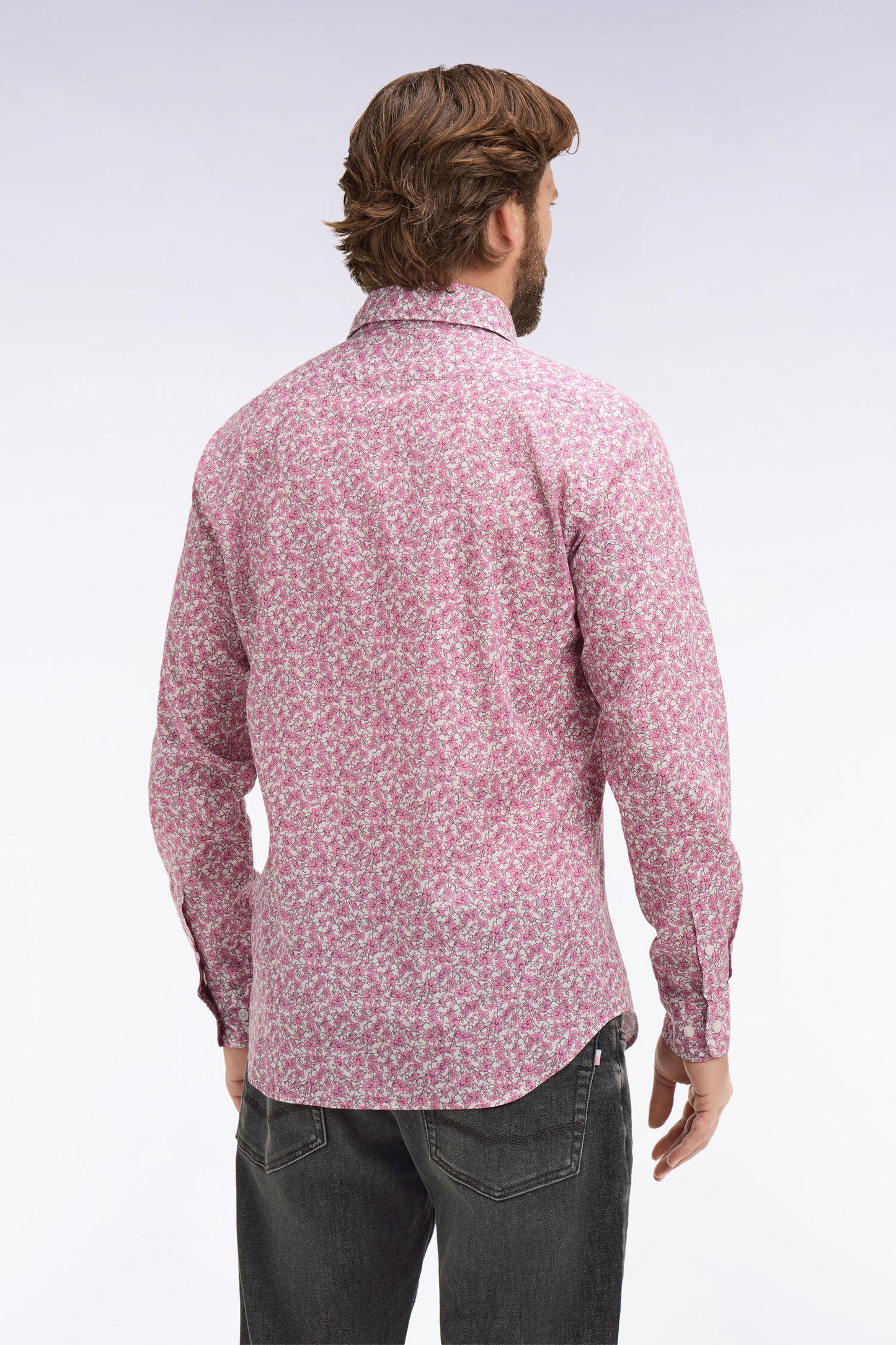 Slim-fit pink cotton poplin shirt with floral micro-patterns