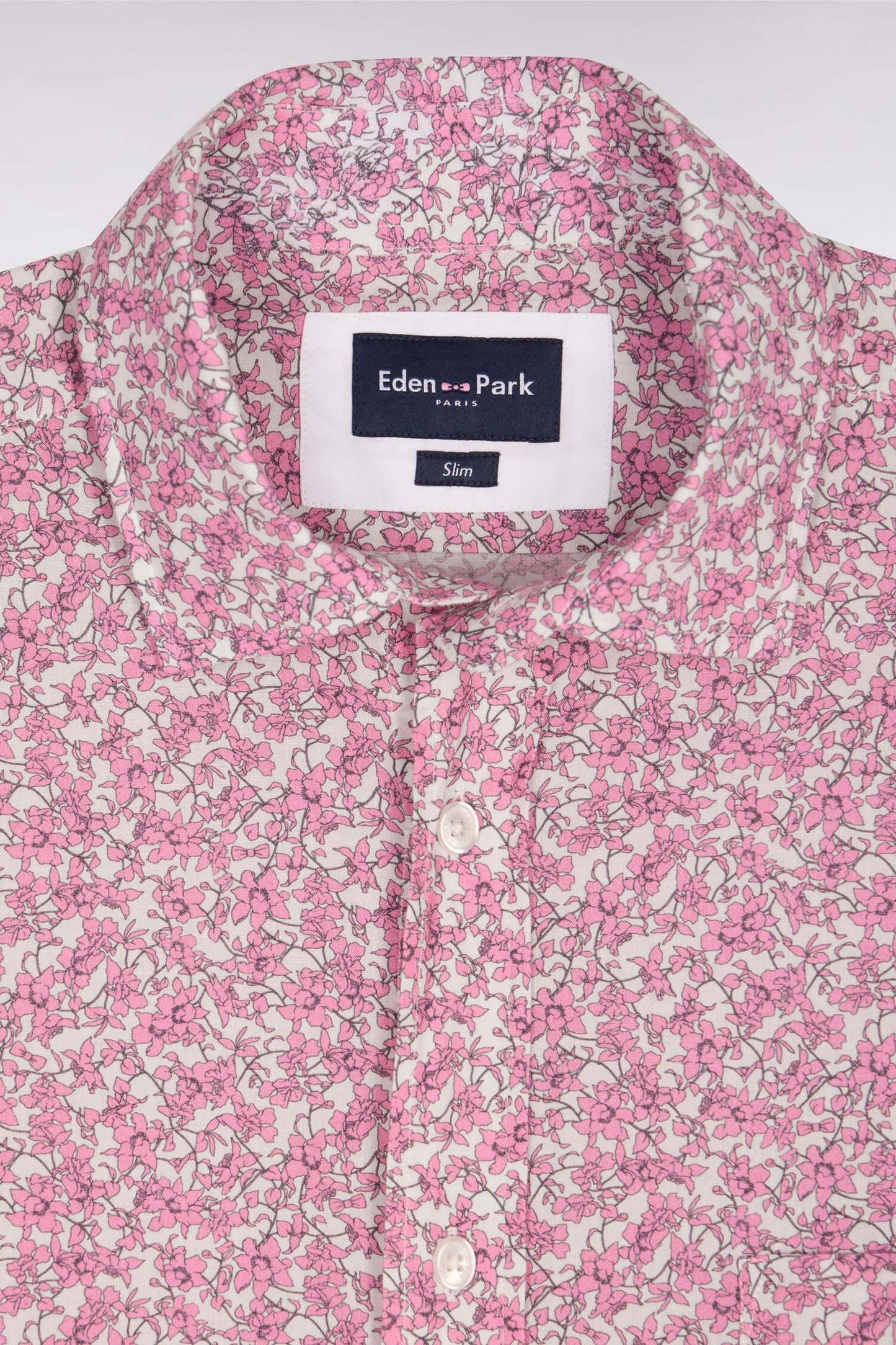 Slim-fit pink cotton poplin shirt with floral micro-patterns