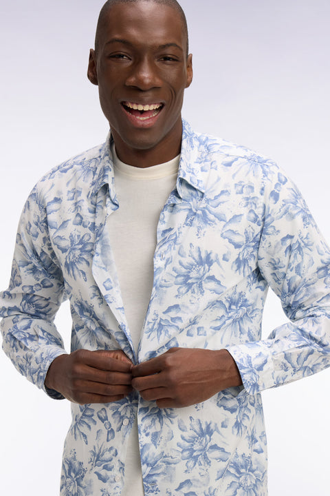 Chemise en popeline de coton italienne bleu ciel imprimé floral coupe regular - Image 1