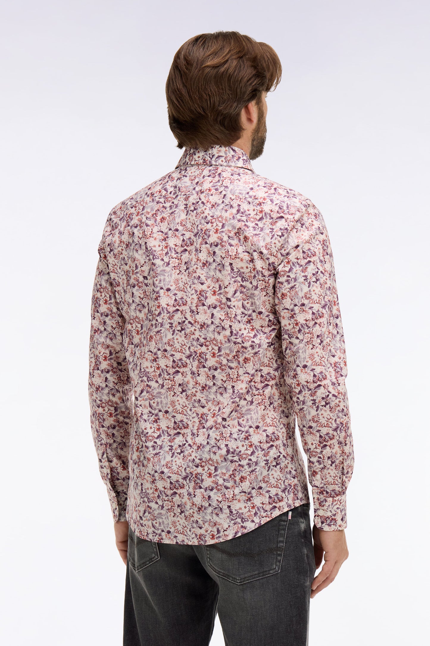 Slim fit white cotton poplin shirt with floral microprint