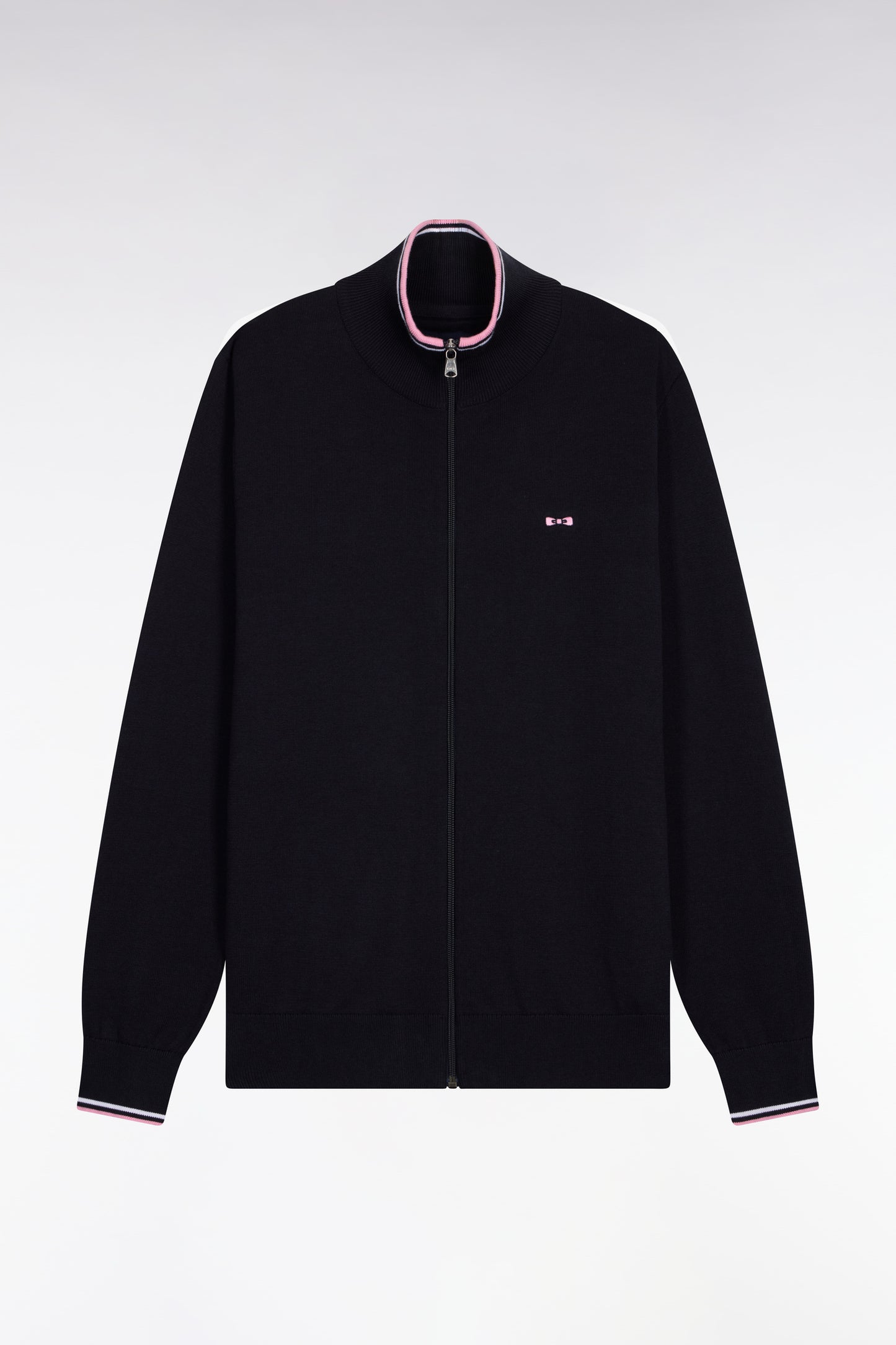 Cardigan zippé en coton marine à bords-côtes rayés