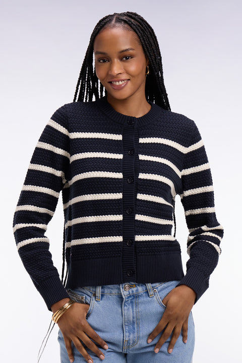 Cardigan marinière en maille tressée marine - Image 1