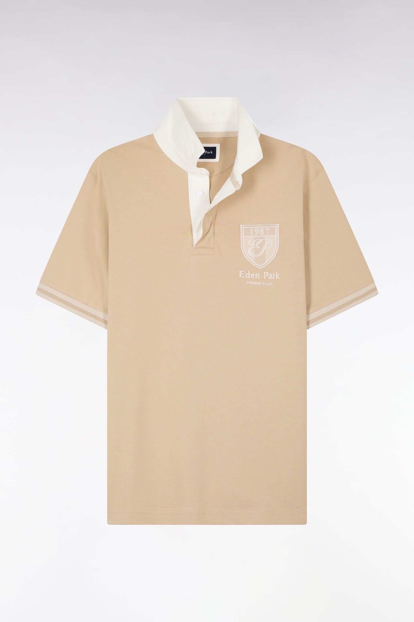 Short-sleeved jersey in beige cotton jersey with embroidered crest, regular fit
