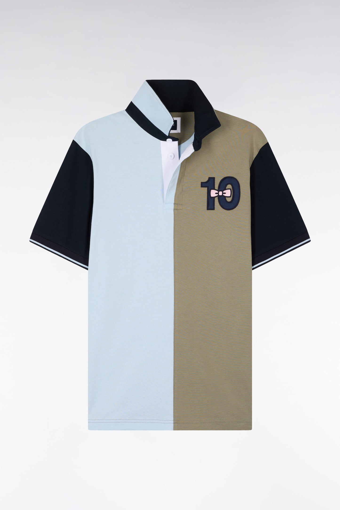 Short-sleeved jersey in two-tone cotton, khaki and sky blue, embroidery 10, regular fit