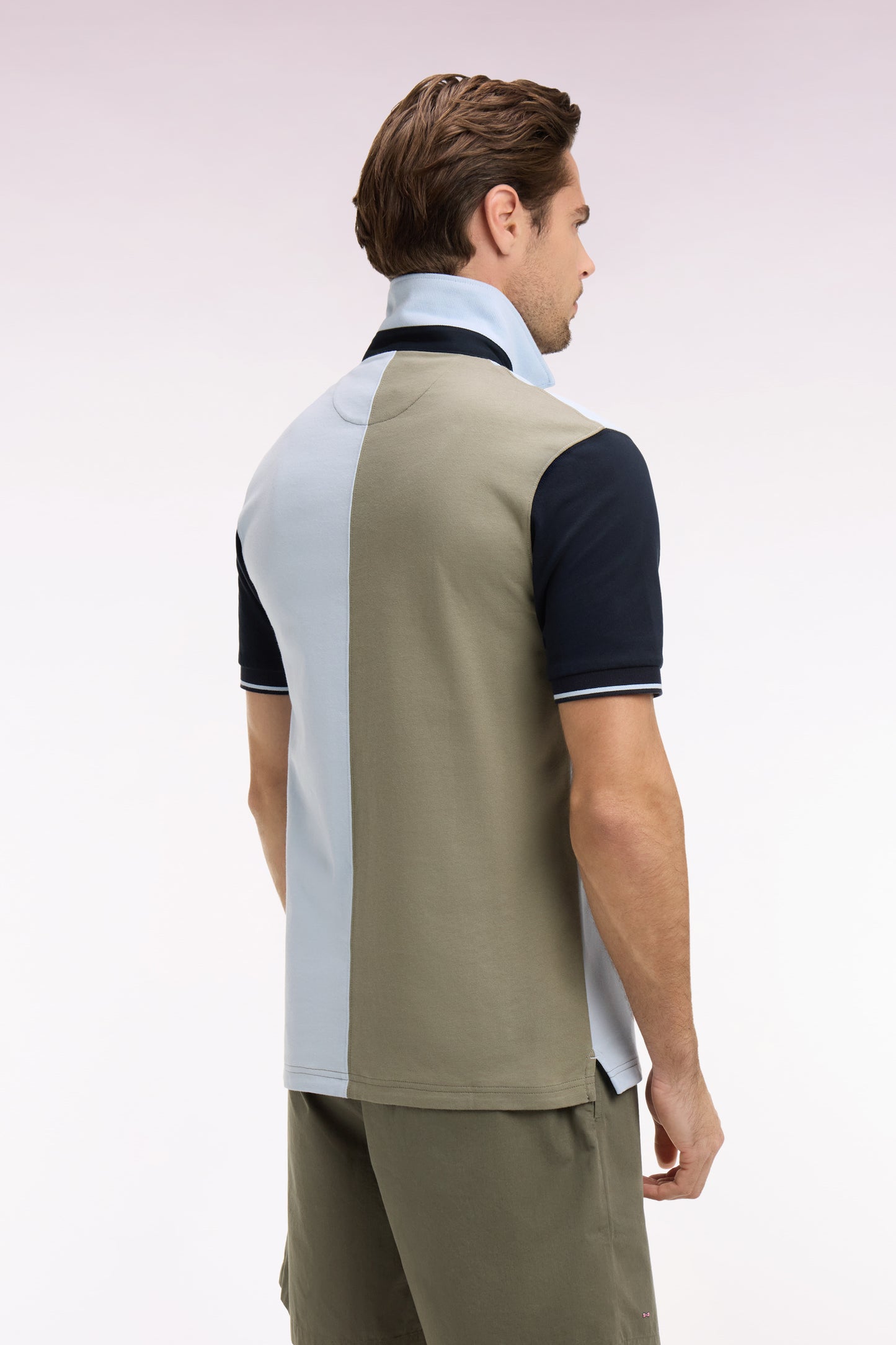 Short-sleeved jersey in two-tone cotton, khaki and sky blue, embroidery 10, regular fit