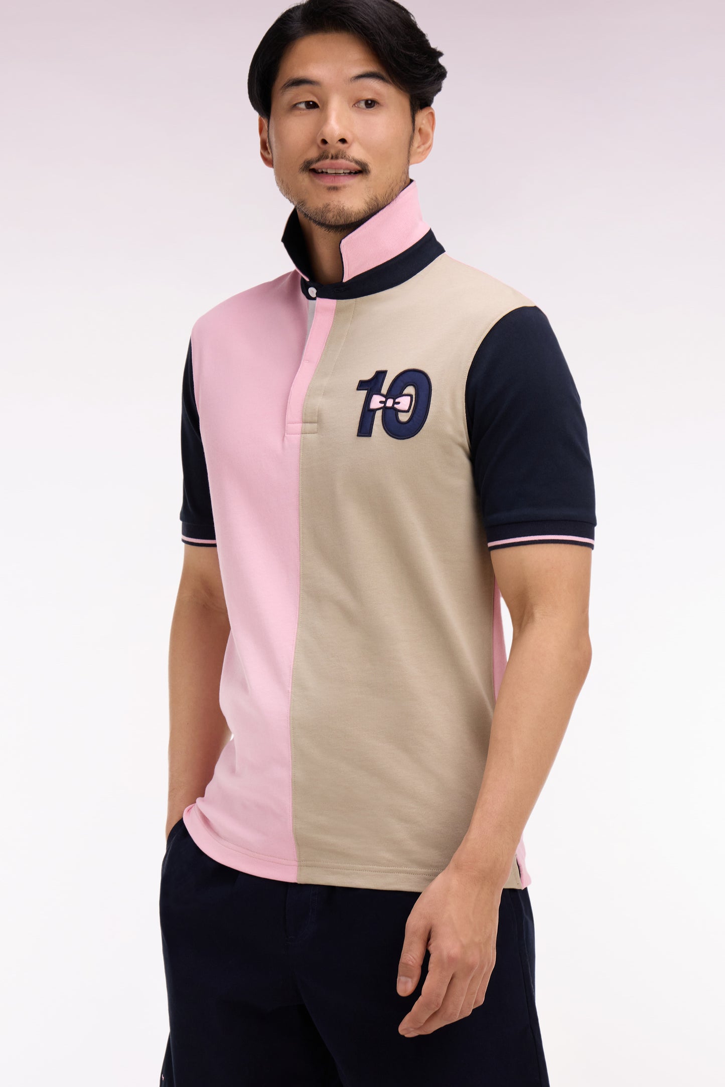 Short-sleeved jersey in two-tone pink and beige cotton with embroidery 10 Regular fit