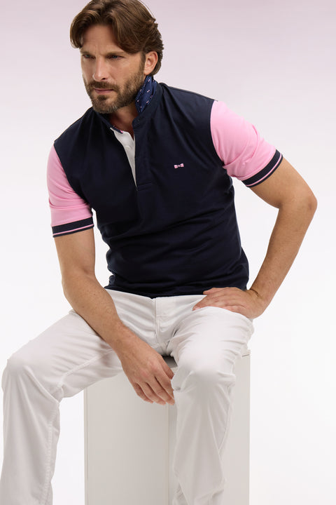 Maillot à manches courtes en coton rose et marine coupe regular broderie dos - Image 1