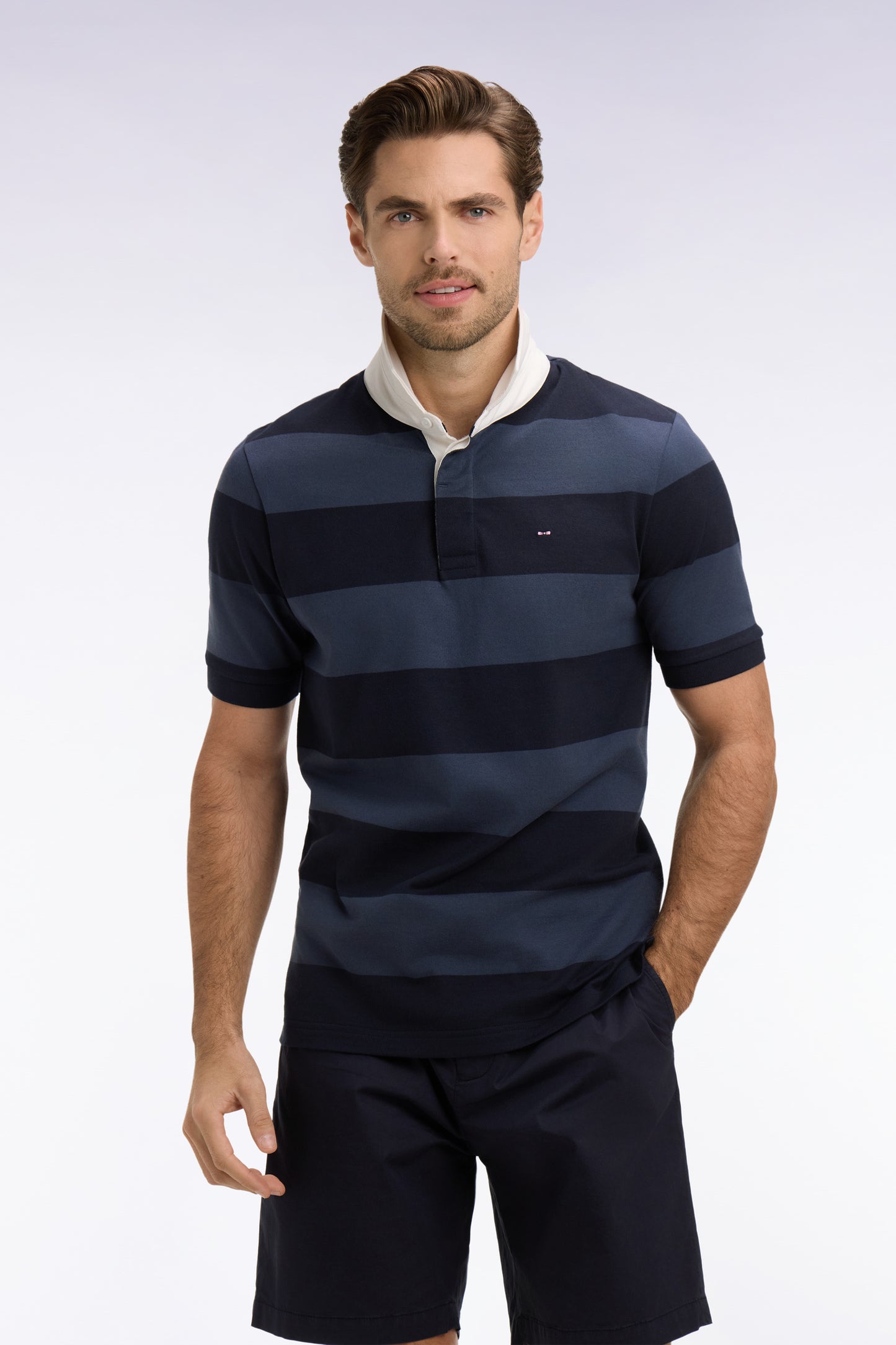 Short-sleeved regular-fit navy and gray striped cotton jersey