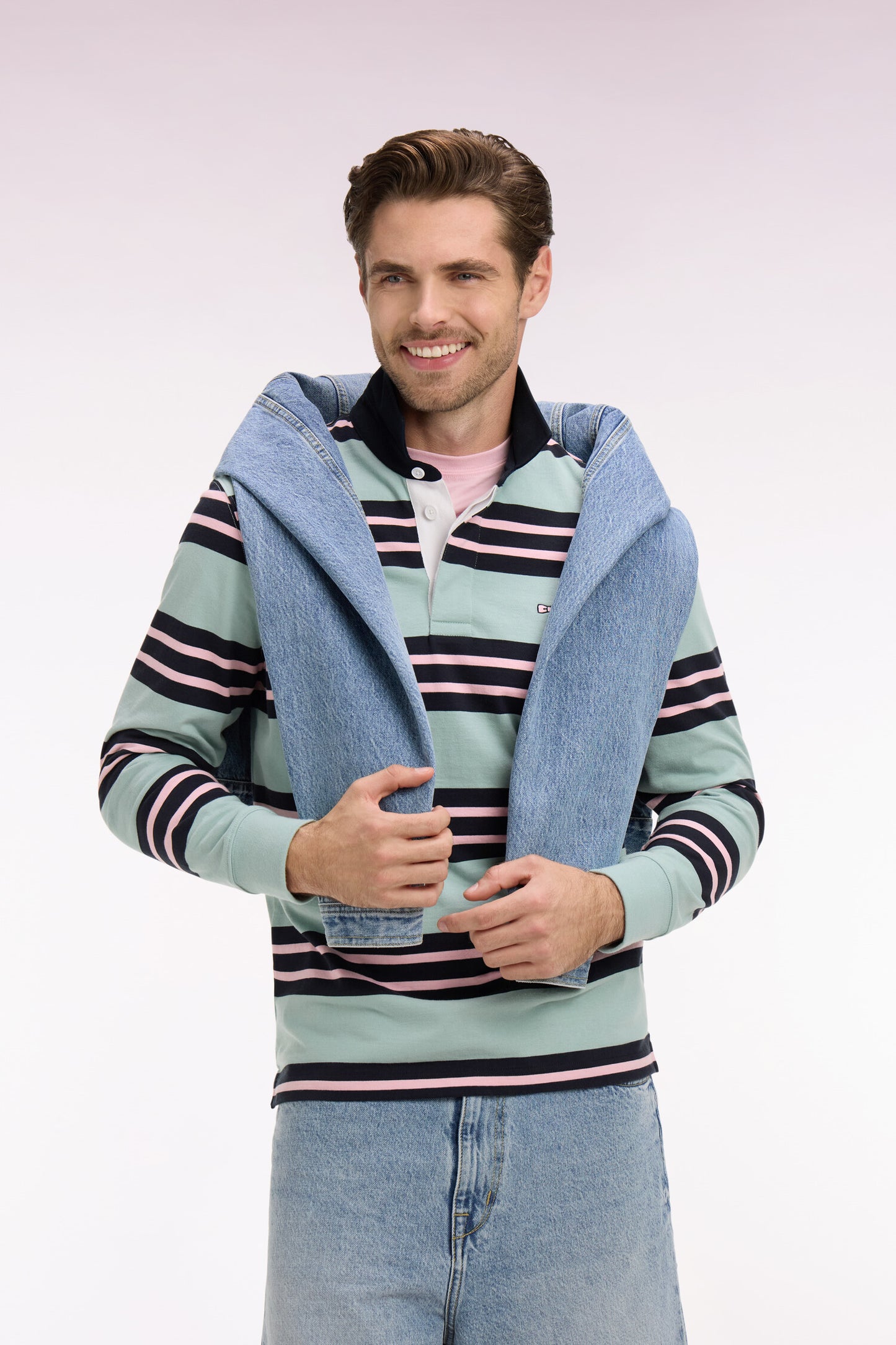 Maillot à manches longues en coton rayé vert d'eau