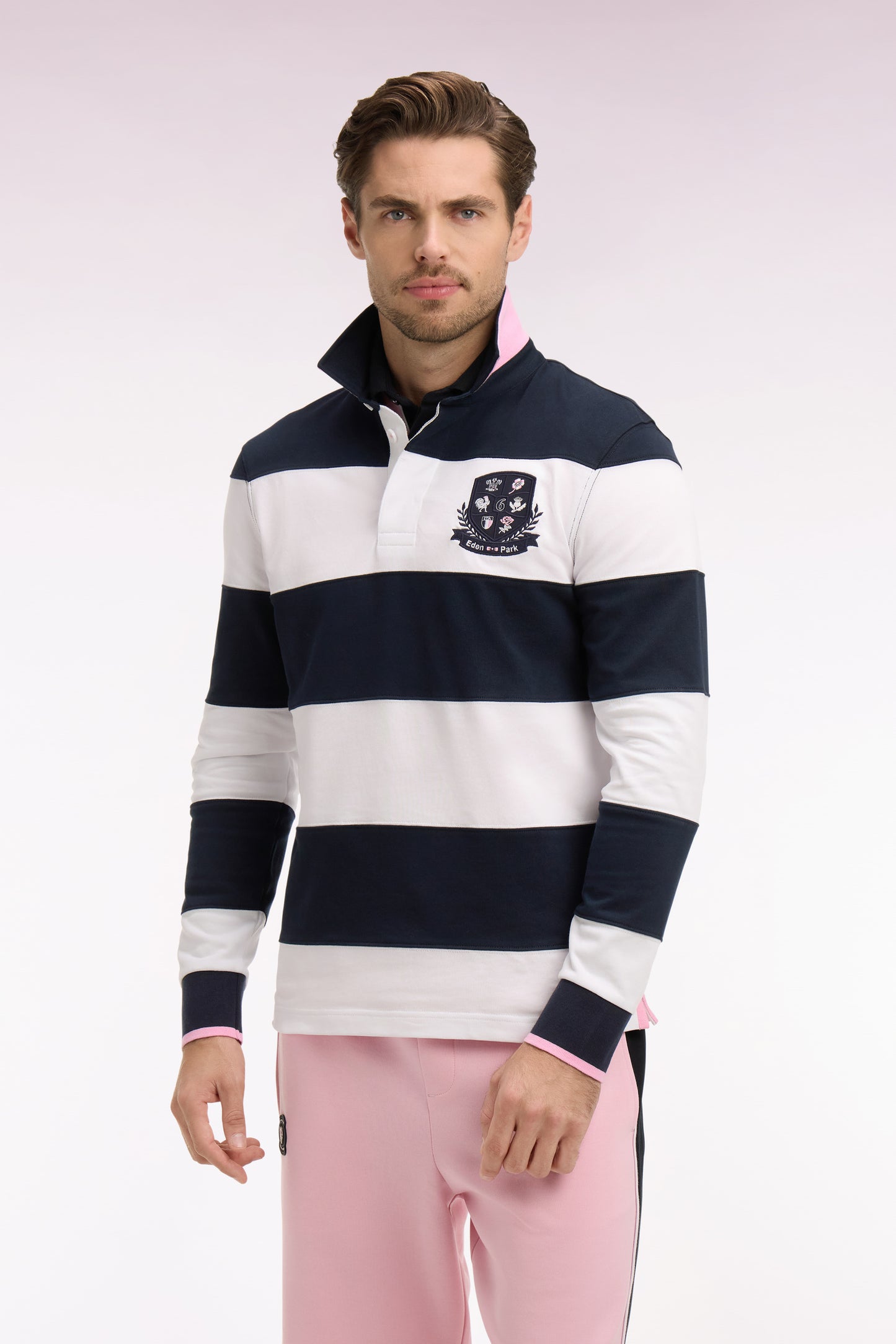 6 Nations long-sleeved jersey in white and navy striped cotton