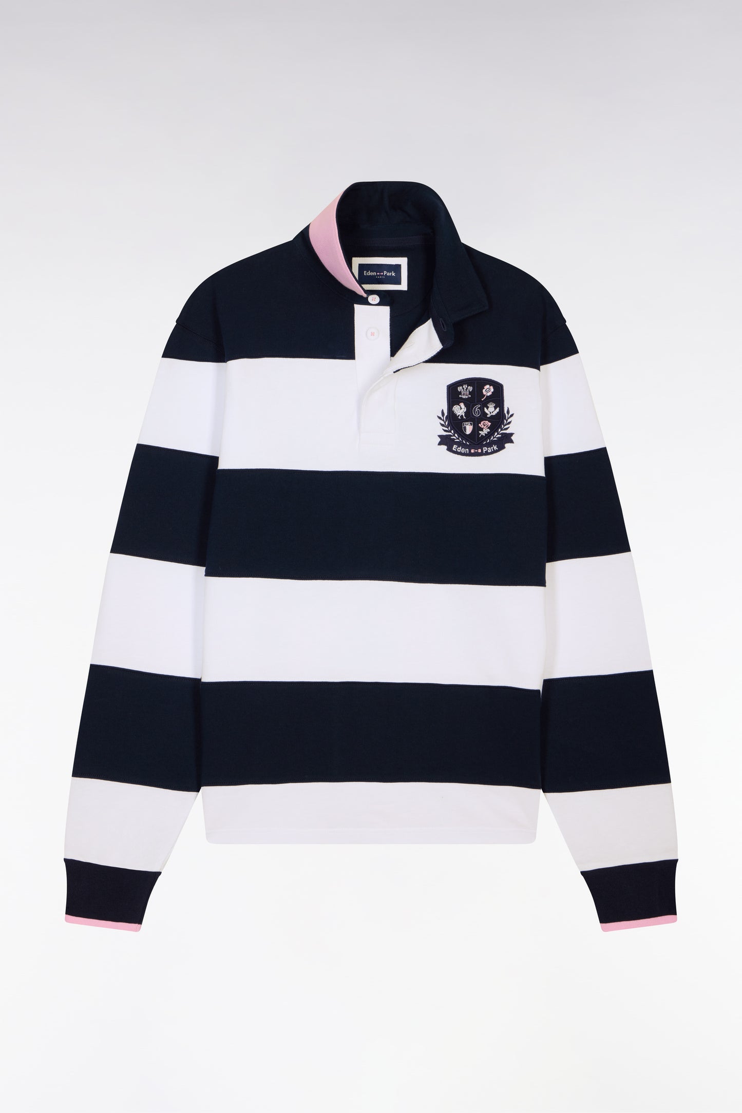 6 Nations long-sleeved jersey in white and navy striped cotton