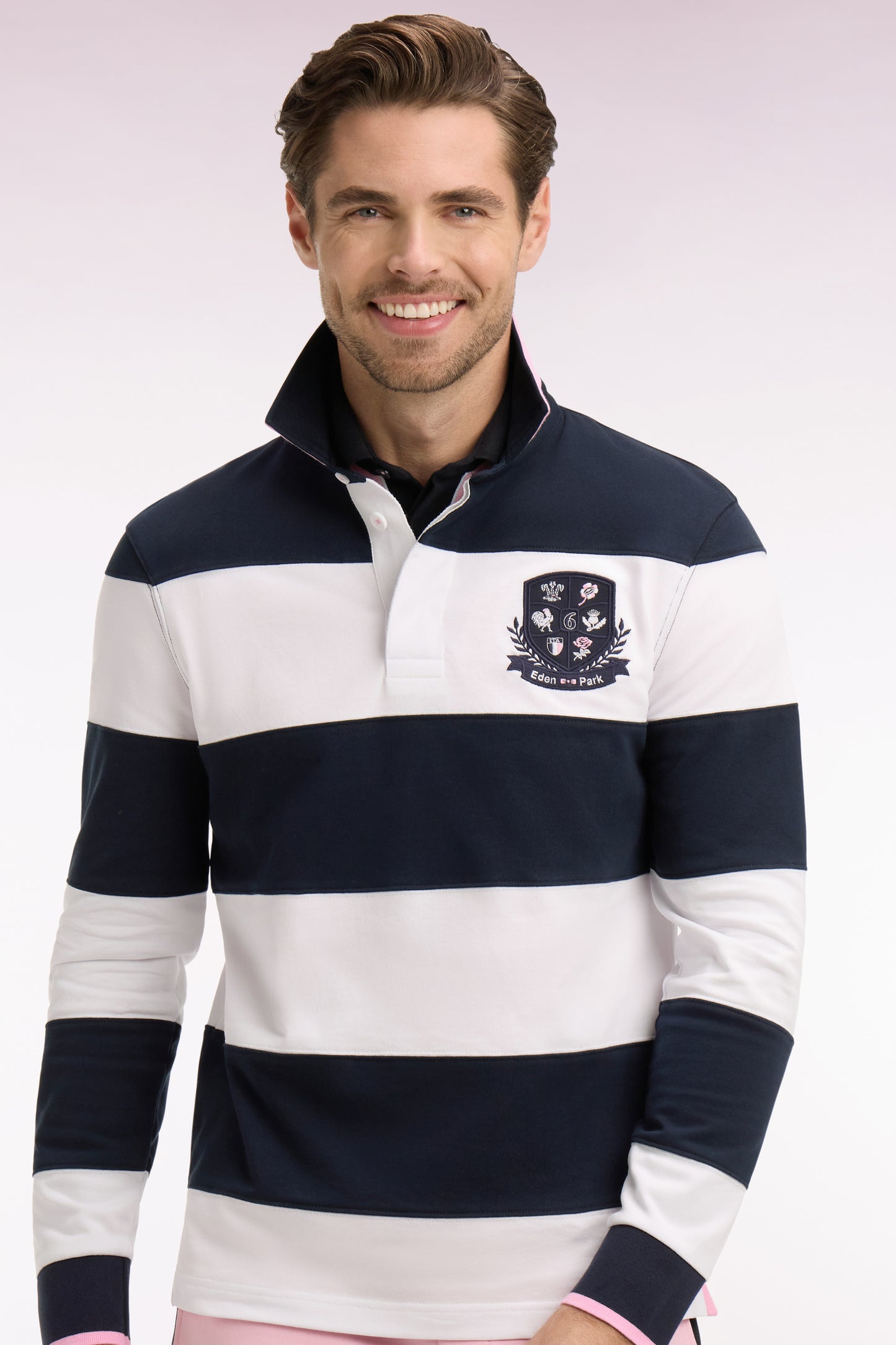 6 Nations long-sleeved jersey in white and navy striped cotton