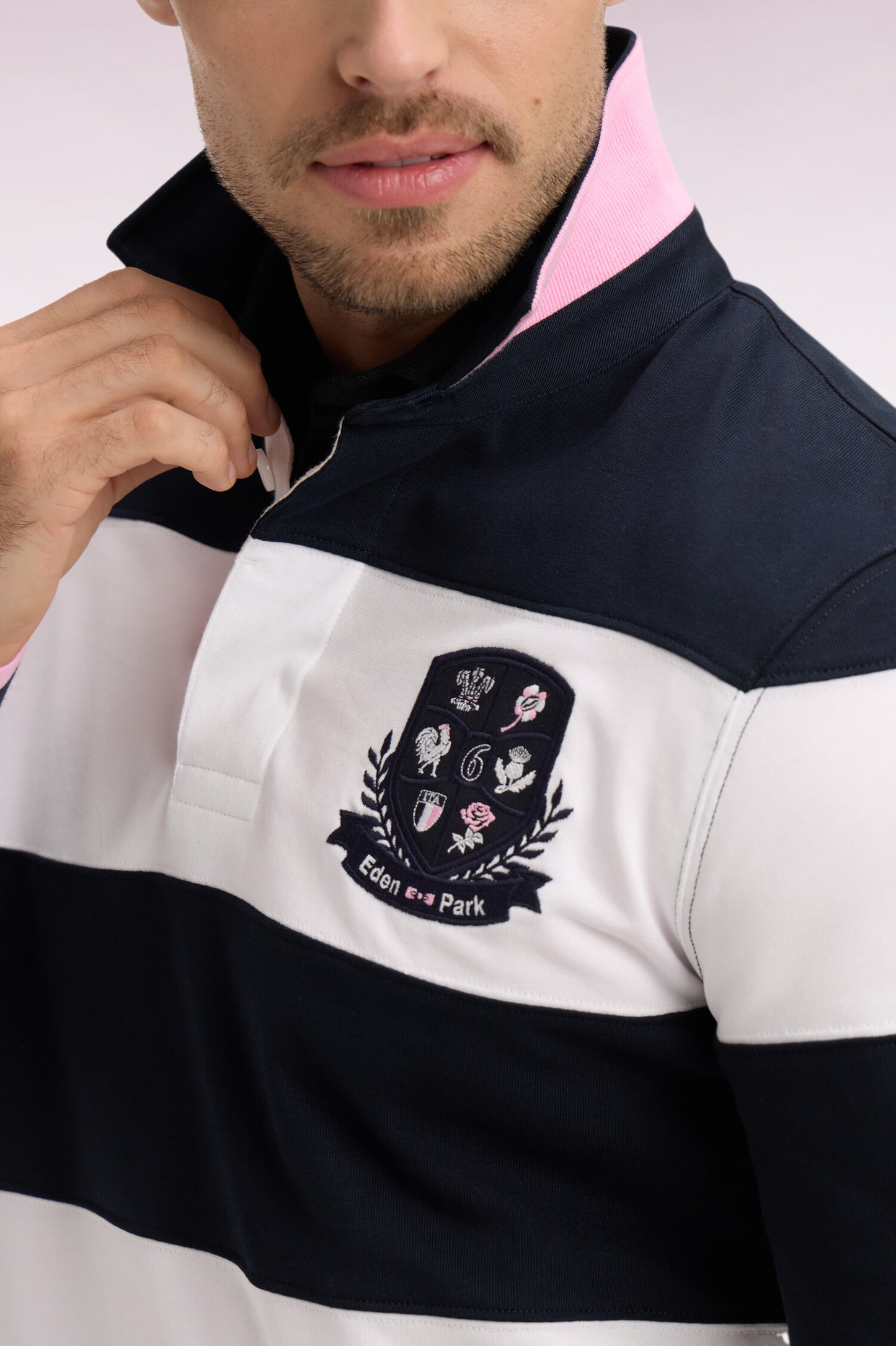6 Nations long-sleeved jersey in white and navy striped cotton