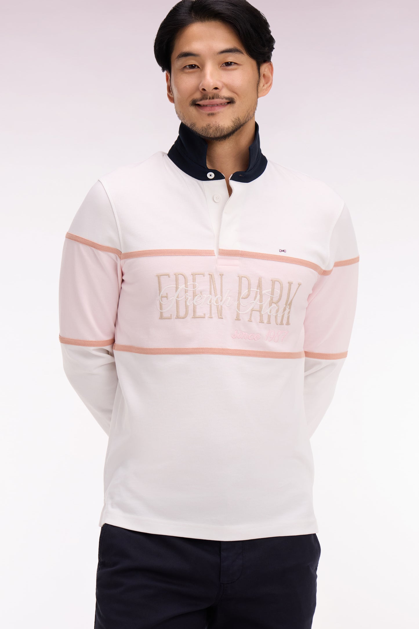 Ecru and pink embroidered long-sleeved jersey