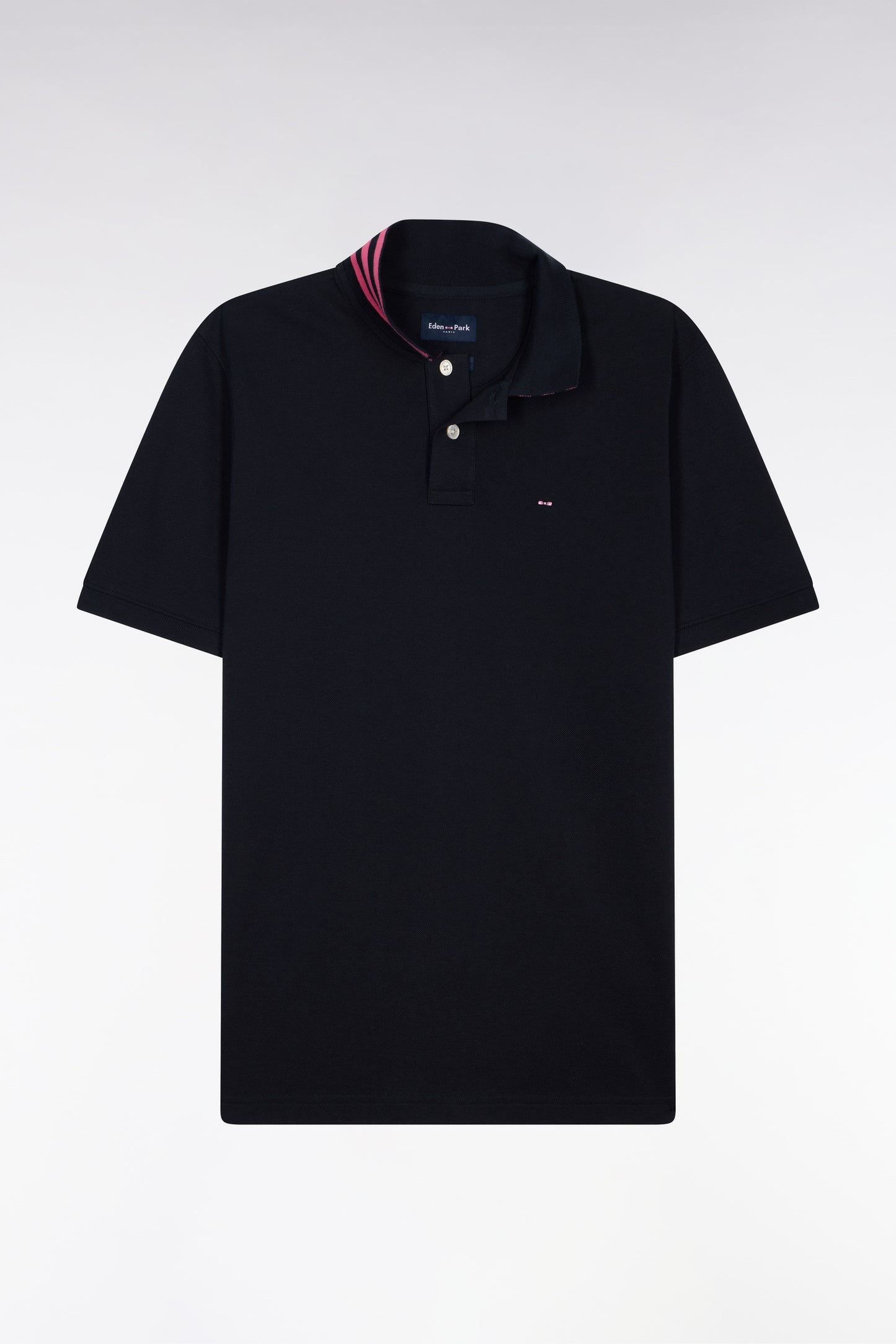 Short-sleeved polo shirt in navy cotton pique under striped collar, slim fit