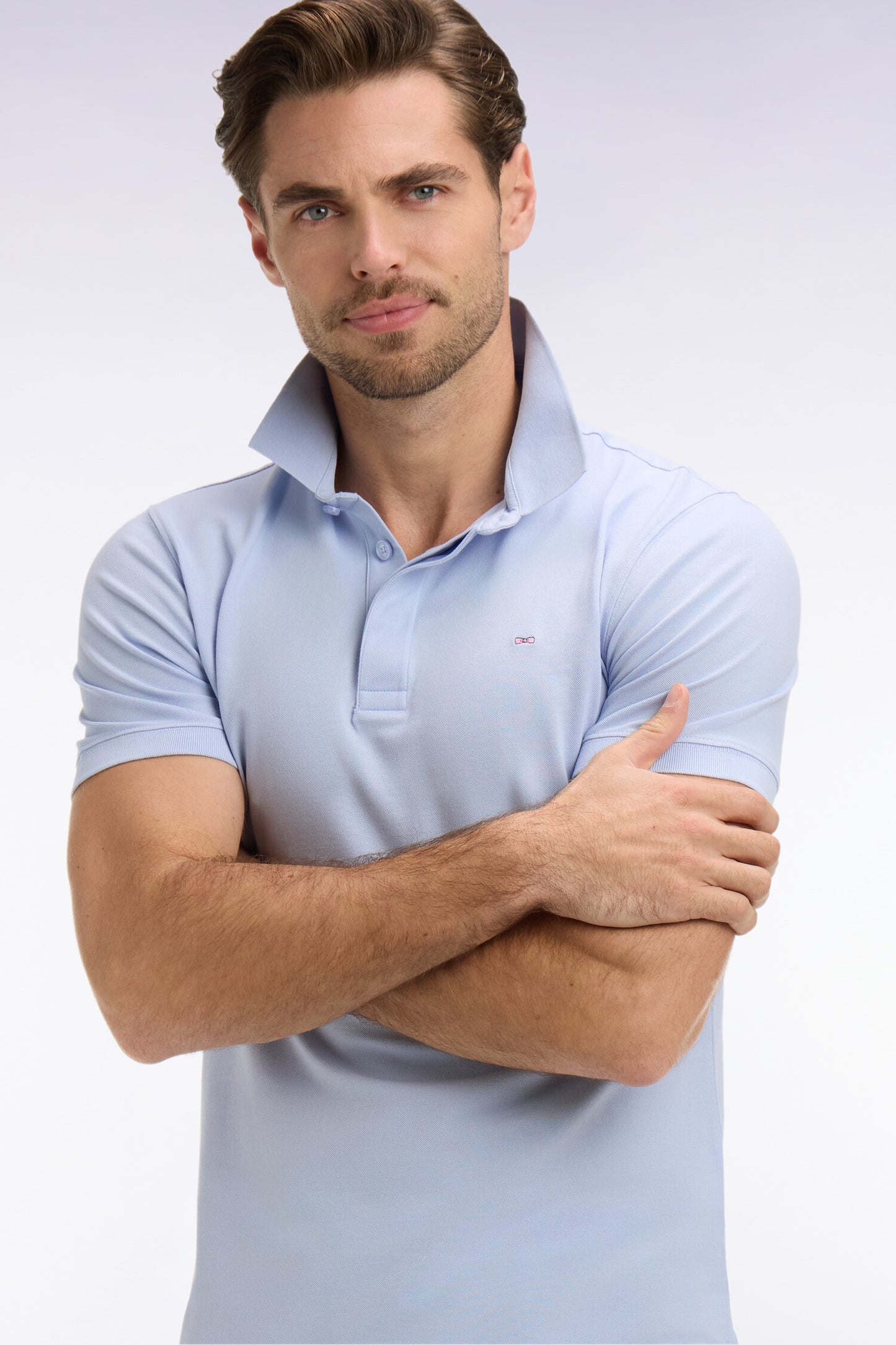 Light gray slim fit cotton short sleeve polo shirt