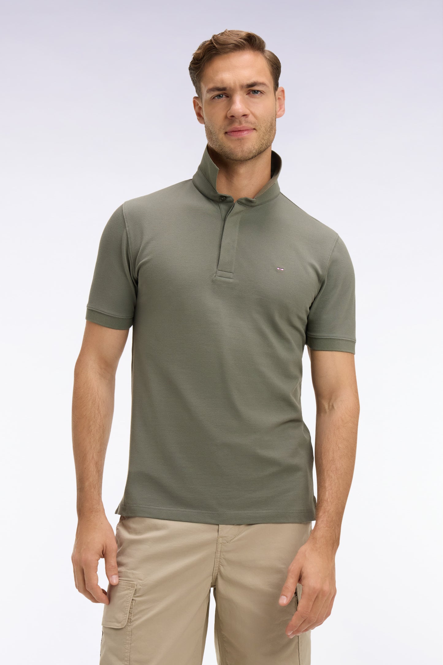 Short-sleeve khaki slim-fit cotton polo shirt