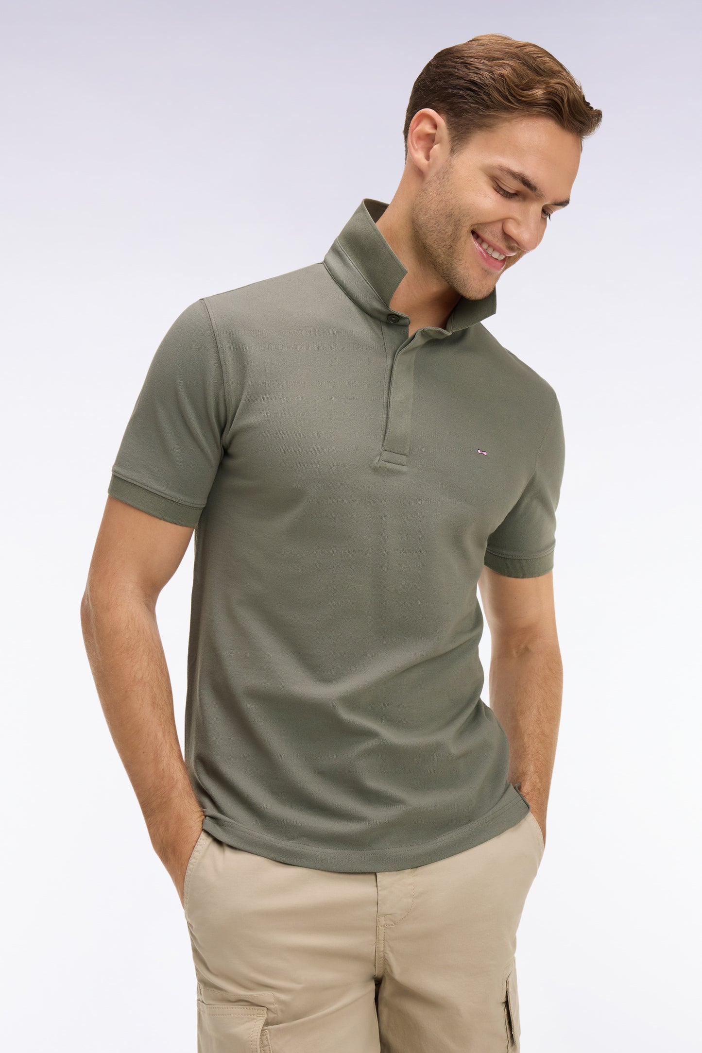 Short-sleeve khaki slim-fit cotton polo shirt