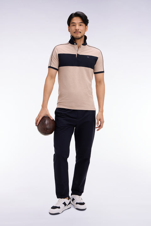Polo à manches courtes en coton stretch marine et beige coupe slim - Image 1