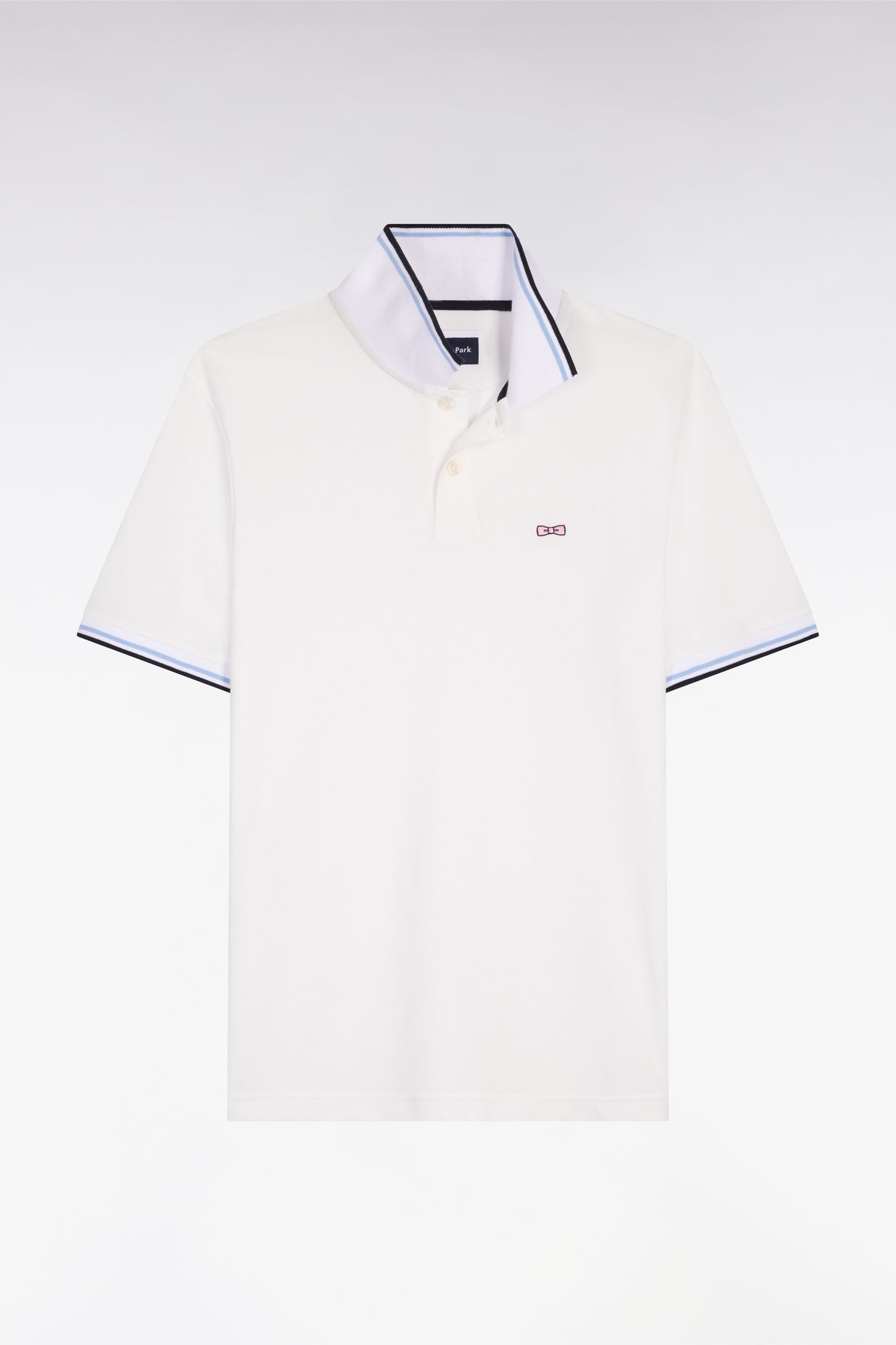 Short-sleeved white cotton polo shirt with striped details, regular fit