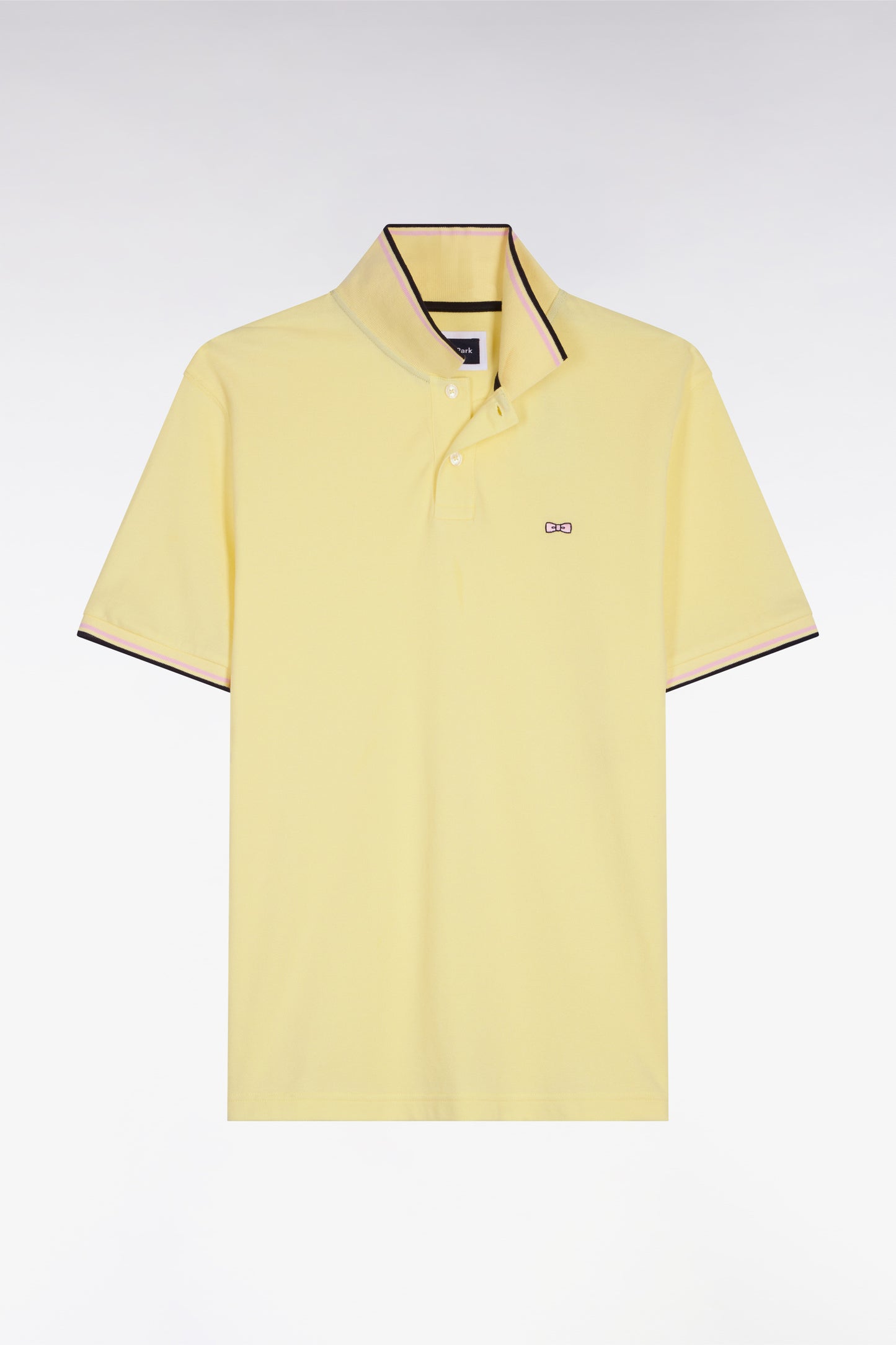 Short-sleeved polo shirt in yellow cotton with striped details, regular fit