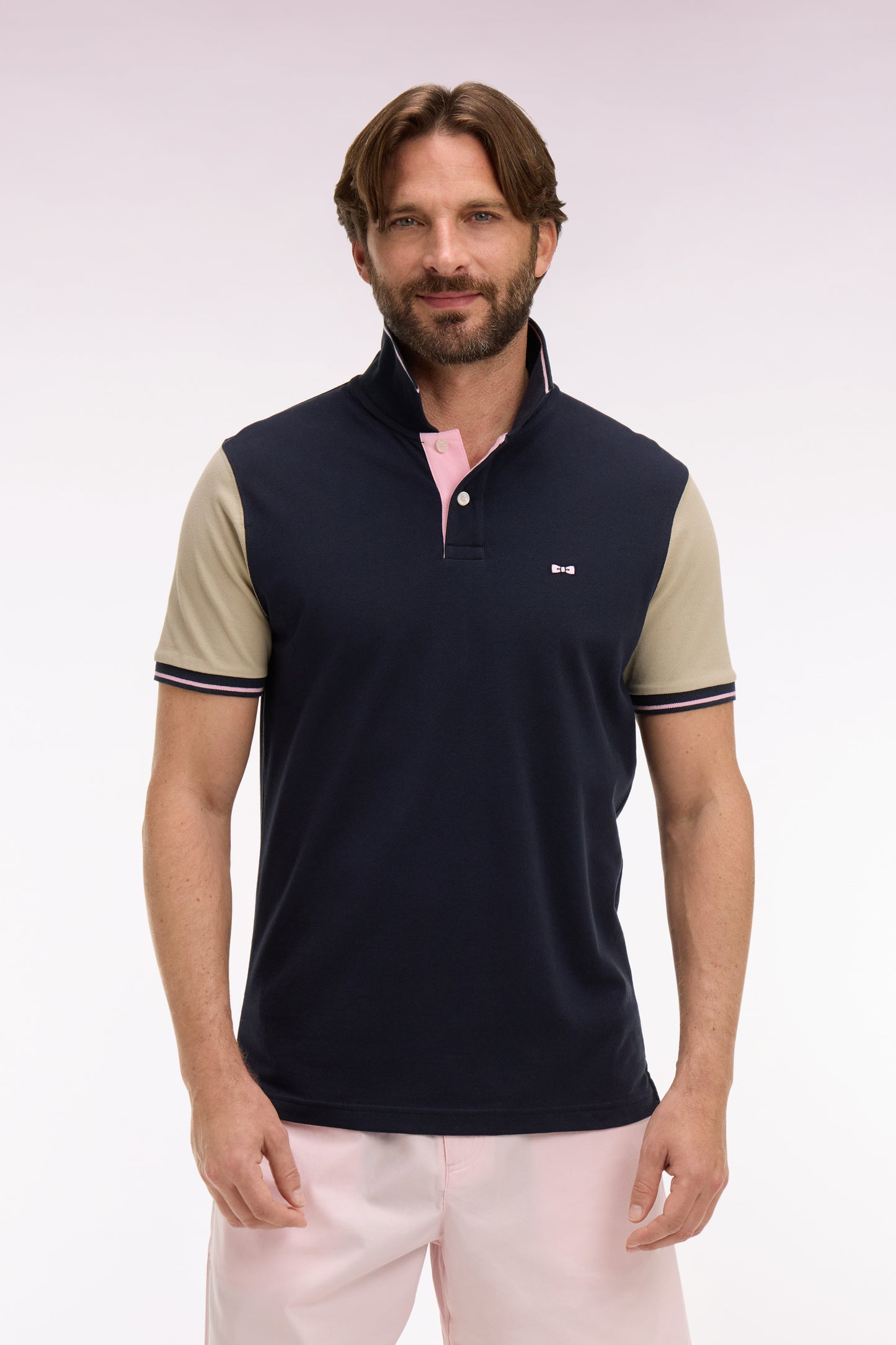 Short-sleeved polo shirt in navy and beige cotton