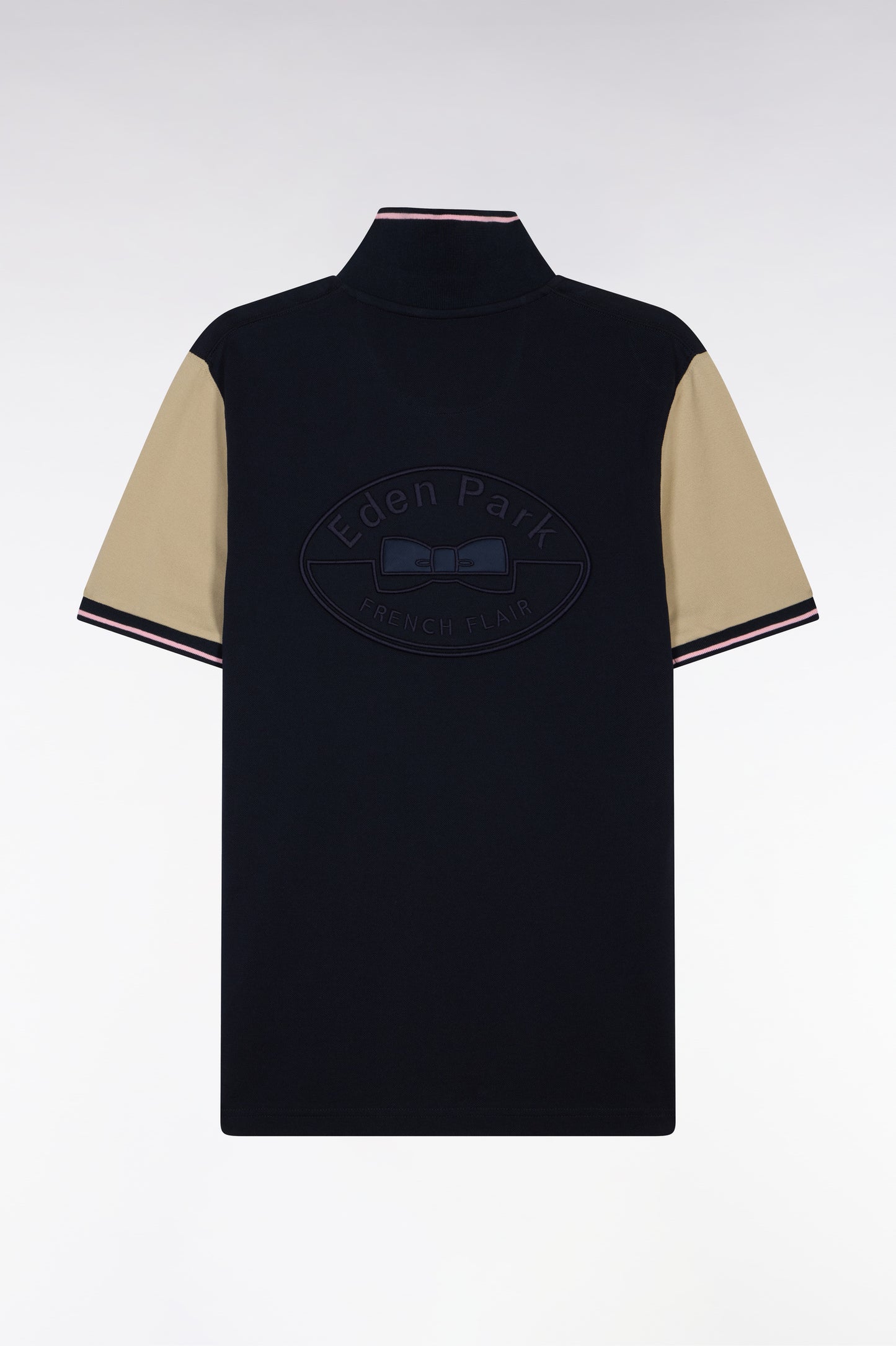 Short-sleeved polo shirt in navy and beige cotton