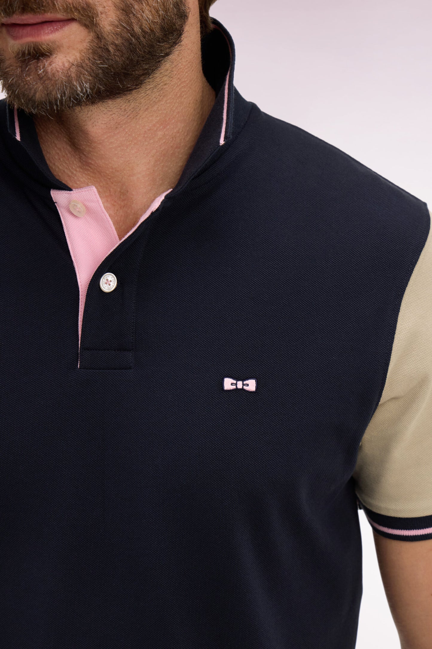 Short-sleeved polo shirt in navy and beige cotton
