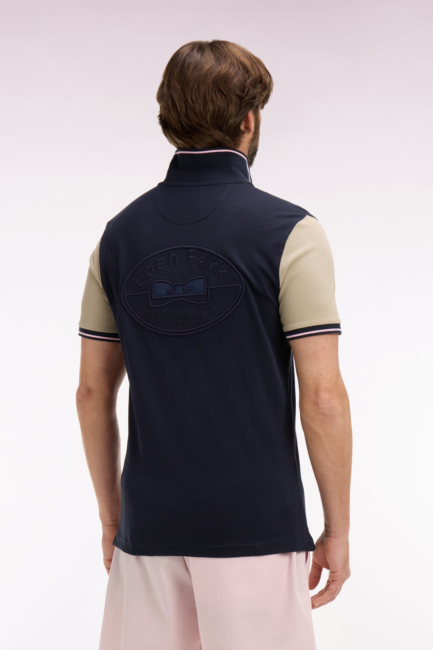 Short-sleeved polo shirt in navy and beige cotton