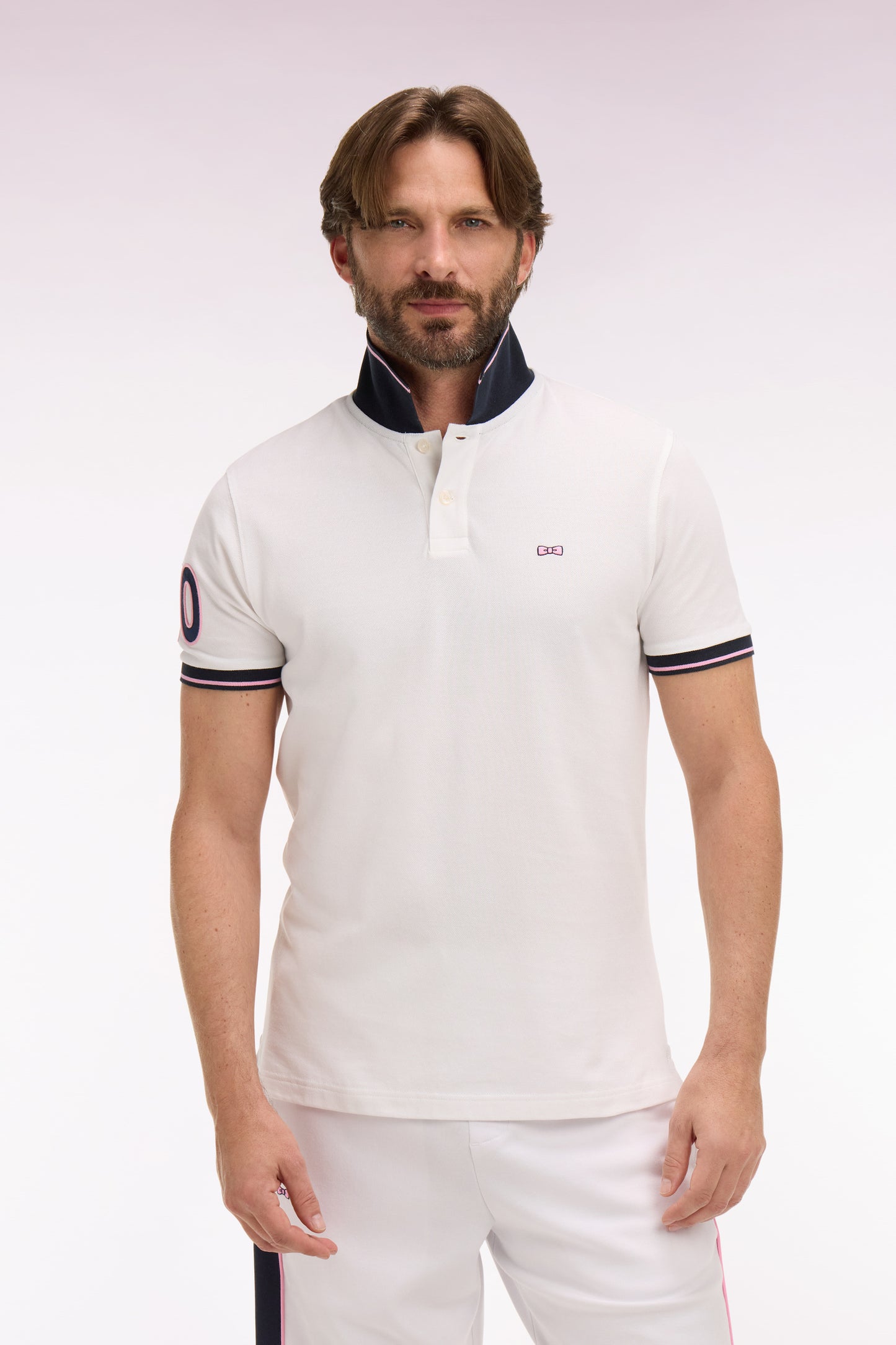 Regular fit white embroidered cotton short-sleeved polo shirt