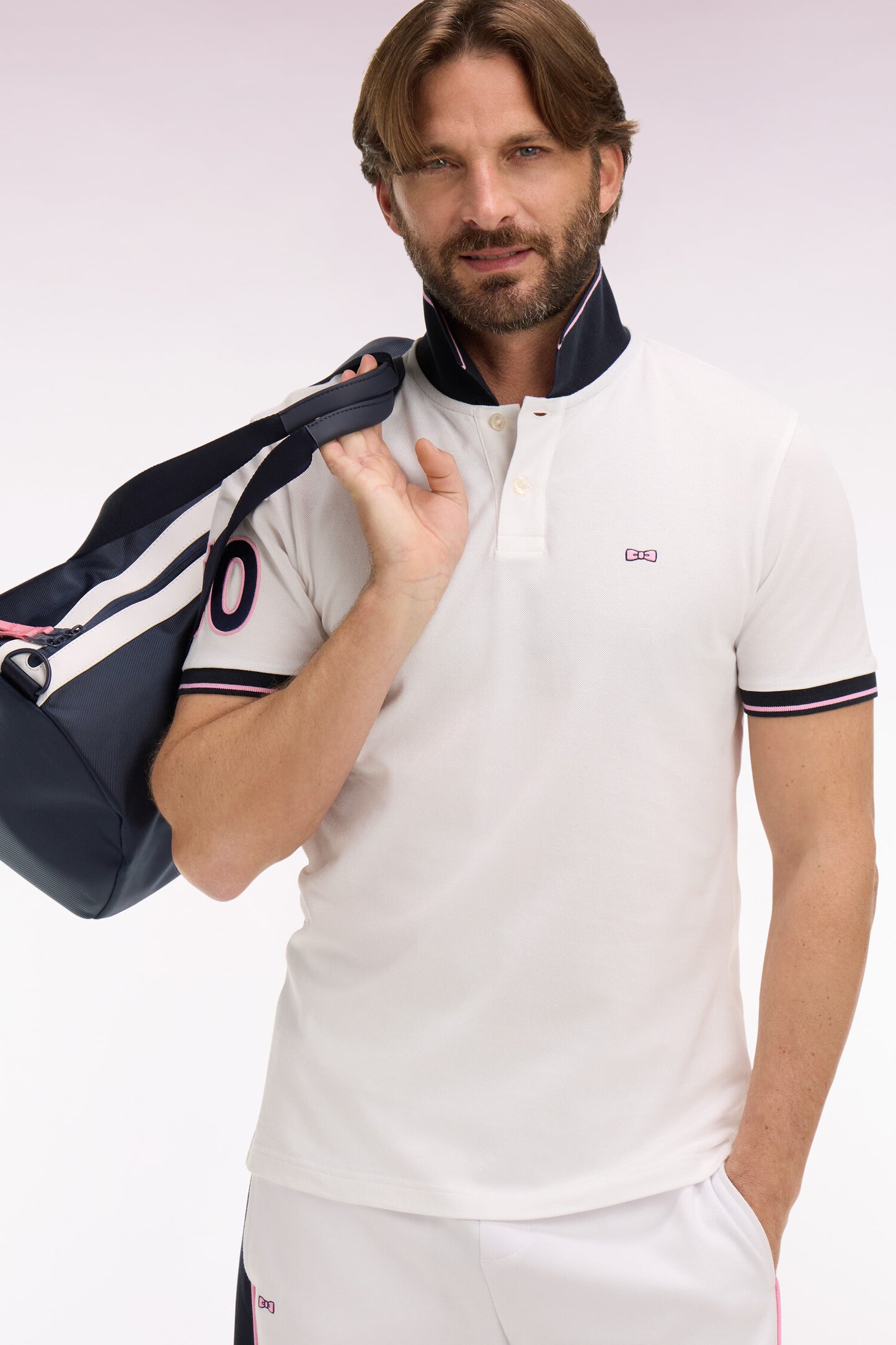 Regular fit white embroidered cotton short-sleeved polo shirt
