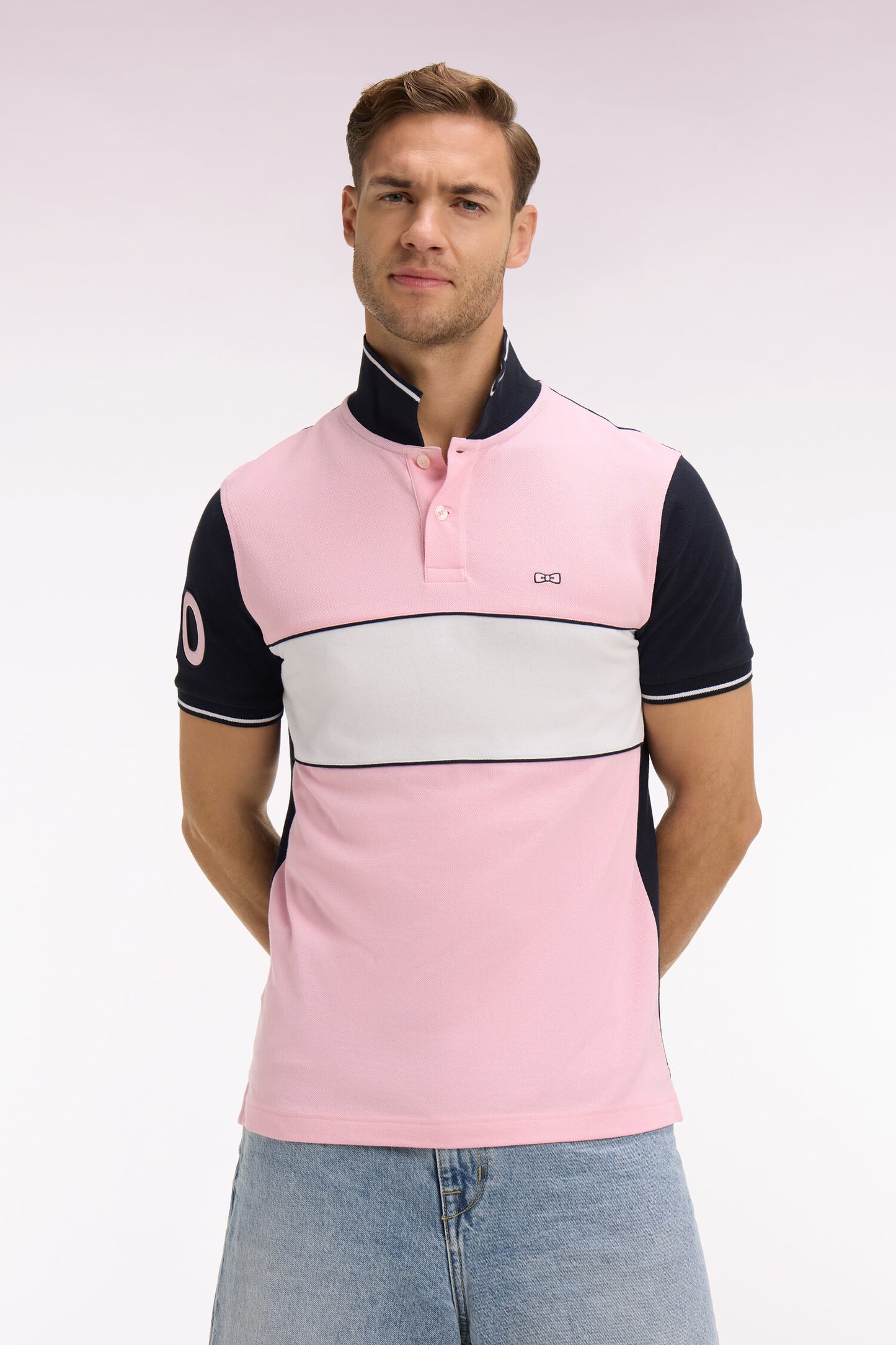 Polo à manches courtes en coton rose et marine coupe regular