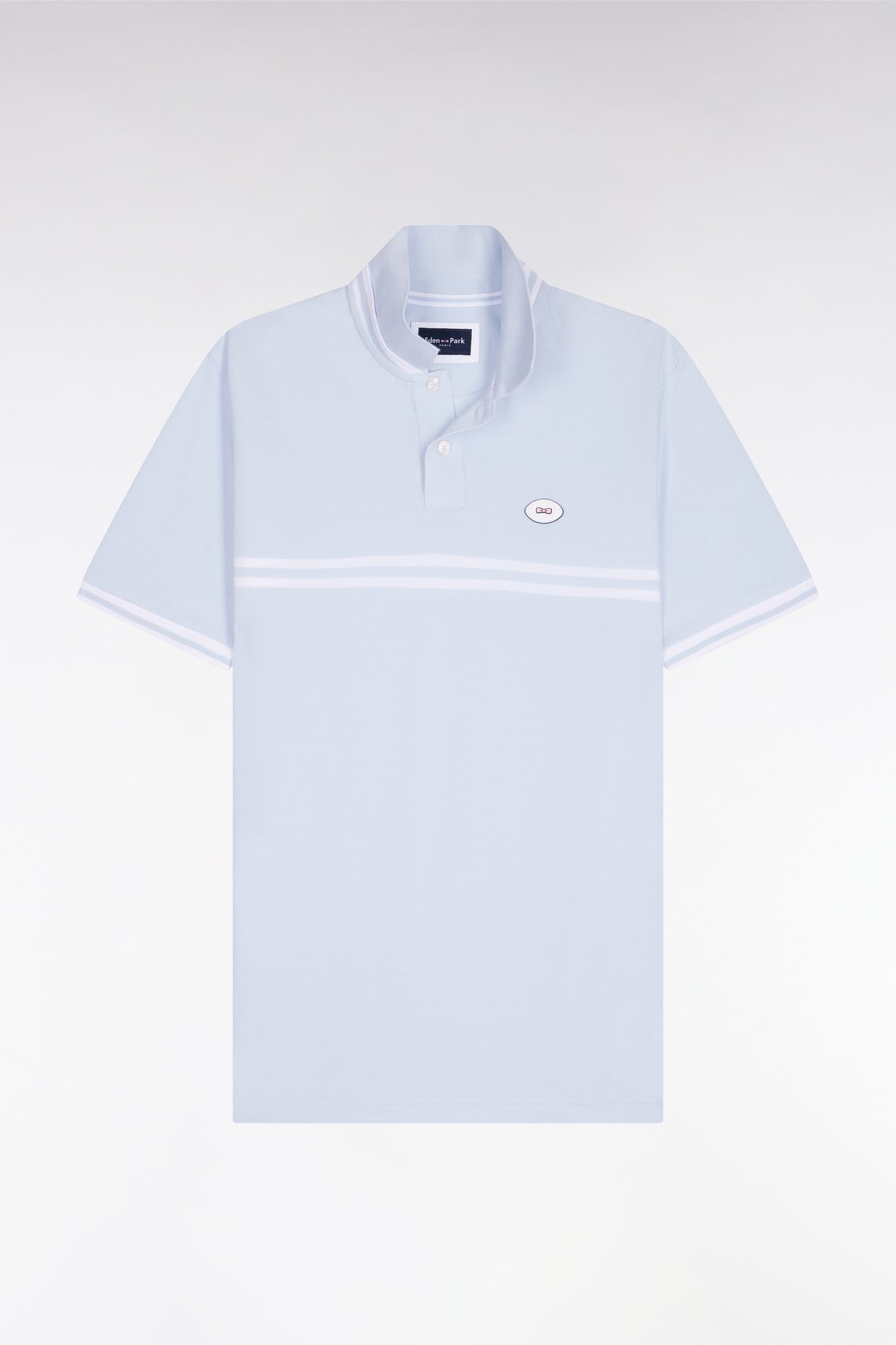 Polo à manches courtes en coton bleu ciel à rayures blanches coupe regular