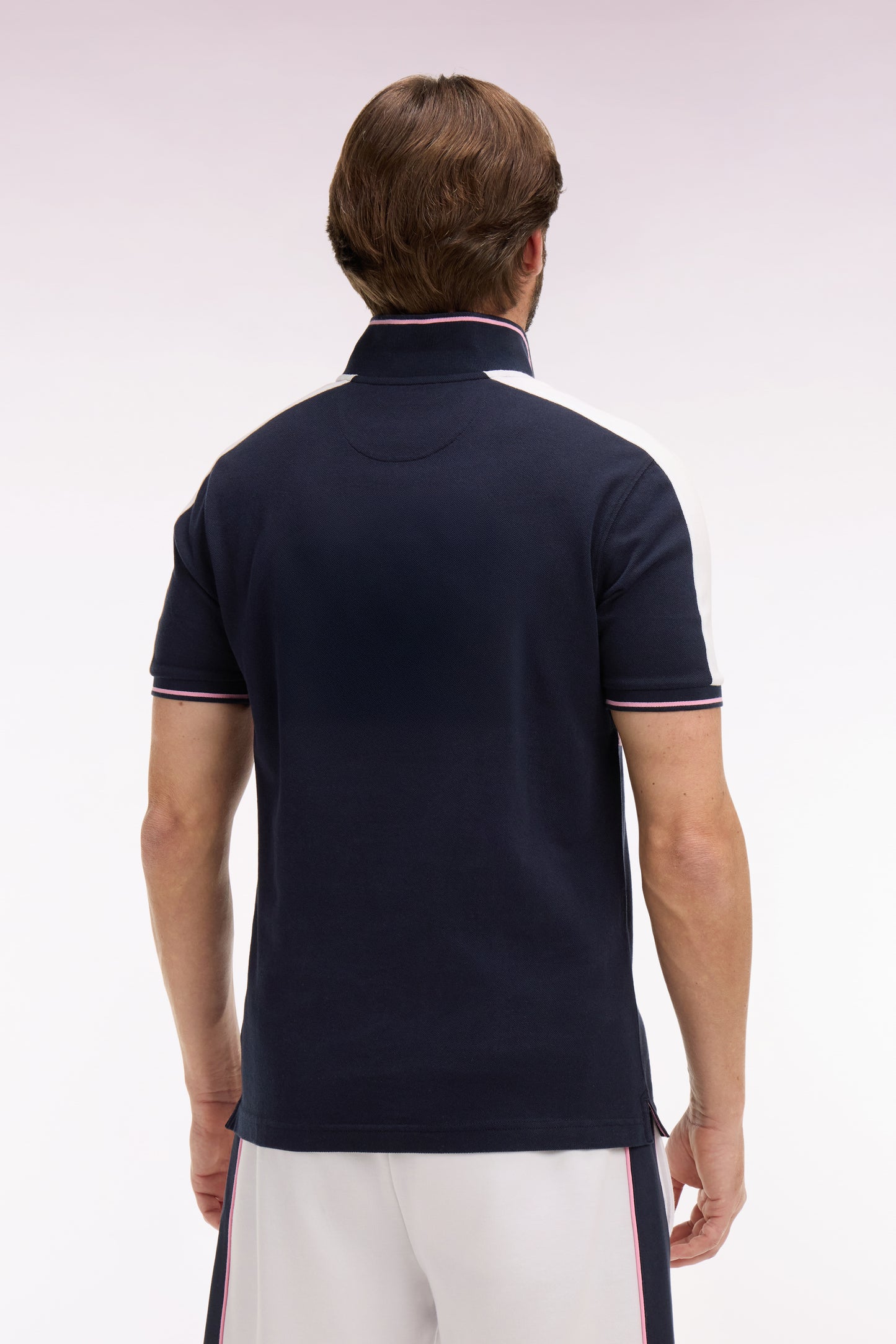 Short-sleeved navy cotton pique polo shirt cut and sewn