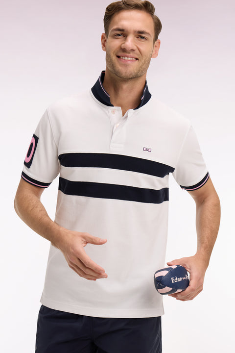 Polo à manches courtes en piqué coton blanc à rayures coupé cousu - Image 1